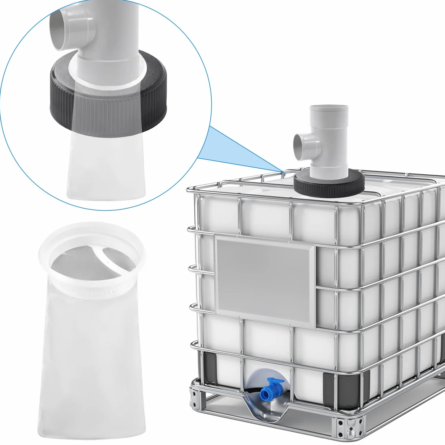 QWORK 3-częściowy zestaw filtrów IBC, nylonowa pokrywa, filtr zbiornika na wodę deszczową, do rolnictwa, ogrodnictwa i gospodarstwa domowego