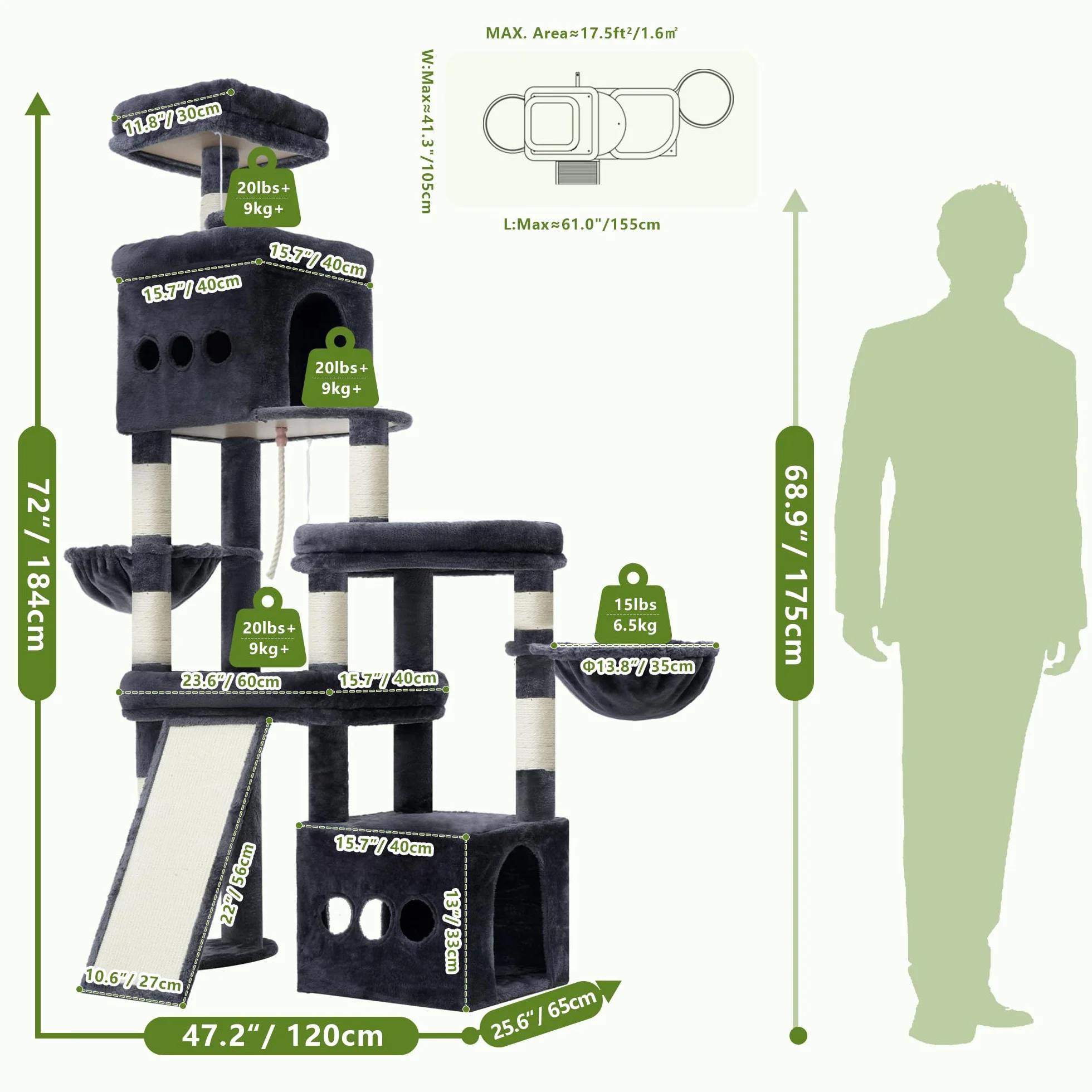 Heybly Drapak o wysokości 184 cm, z 3 dużymi poziomami, 2 jaskiniami, 2 koszami i bardzo dużymi sizalowymi deskami do drapania, stabilna wieża do zabawy dla wielu kotów, szary dymny HCT060G