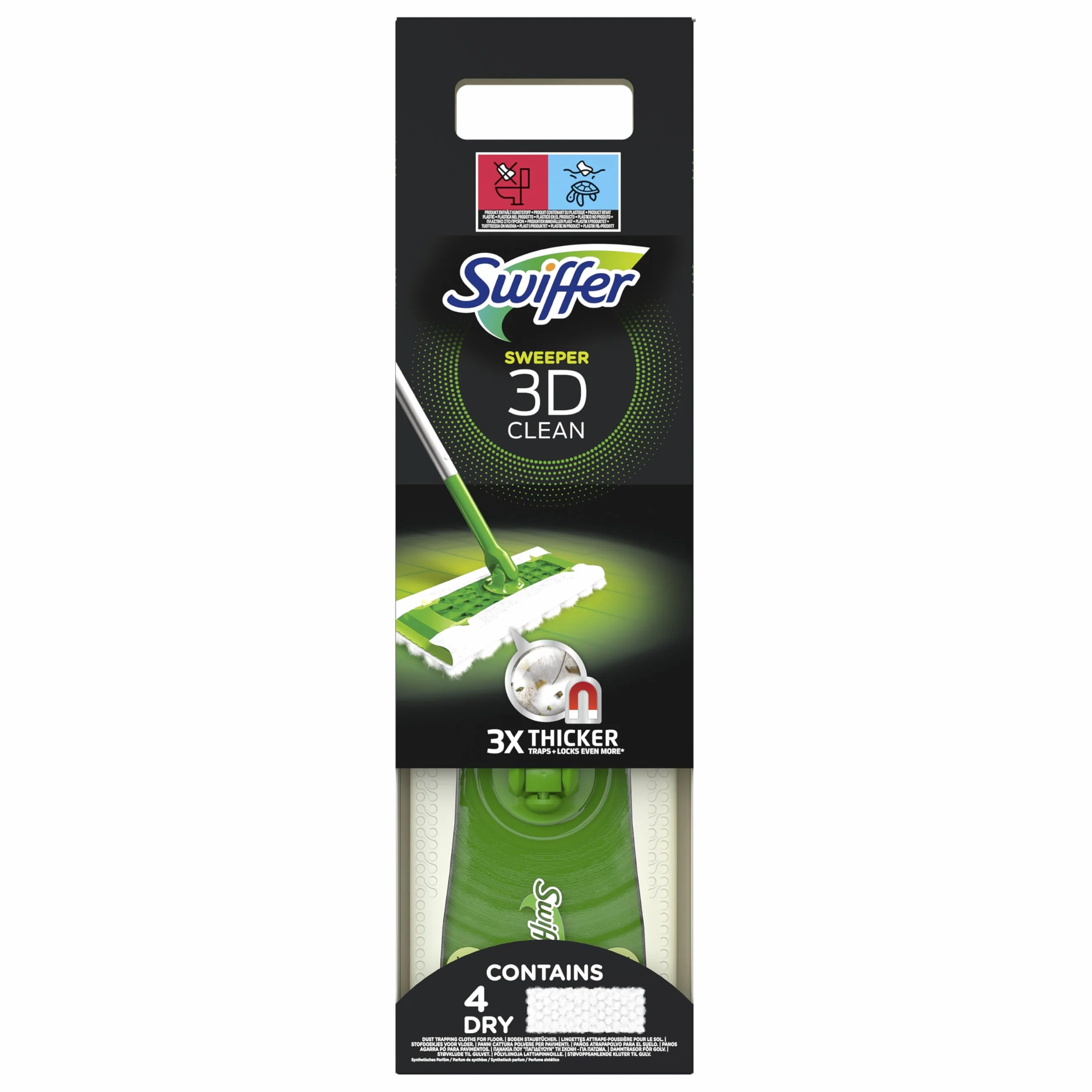 Swiffer Zestaw startowy do czyszczenia kurzu 3D (1 miotła + 4 suche chusteczki + 2 chusteczki na mokro), łapie i zatrzymuje kurz nawet w pęknięciach, do sierści zwierząt domowych