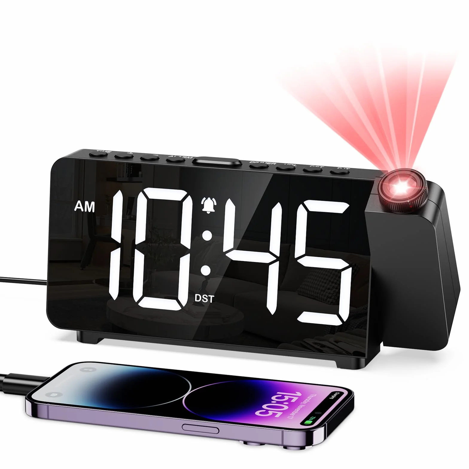 Budzik z projekcją, 7,4" LED, cyfrowy projektor 180°, 3-stopniowa regulacja jasności i ogniskowej, 5 poziomów jasności i 3 głośności, budzik projekcyjny 12/24 h, DST, drzemka