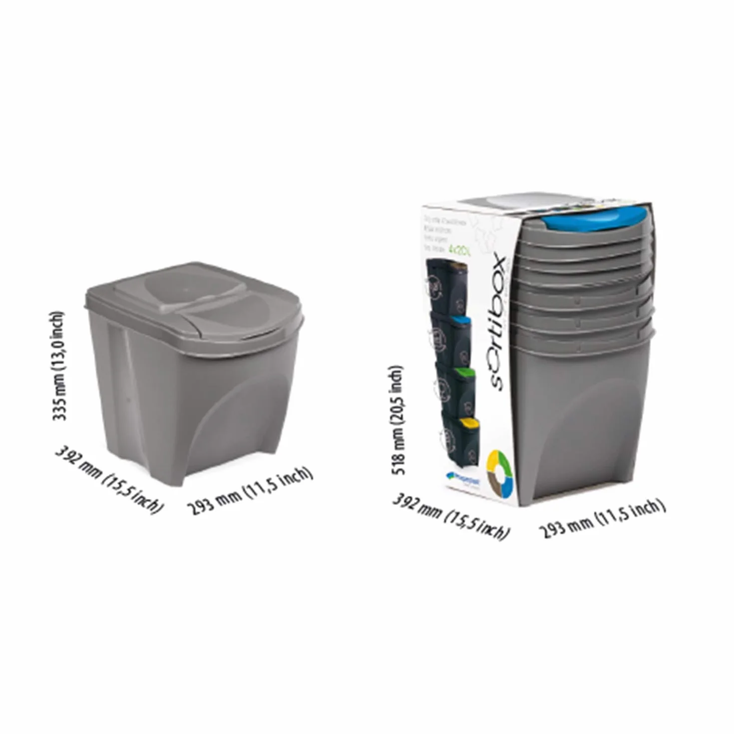 Prosperplast Sortibox zestaw 4 plastikowych pojemników do recyklingu 100 l, w kolorze szarym, 4 x 25 l