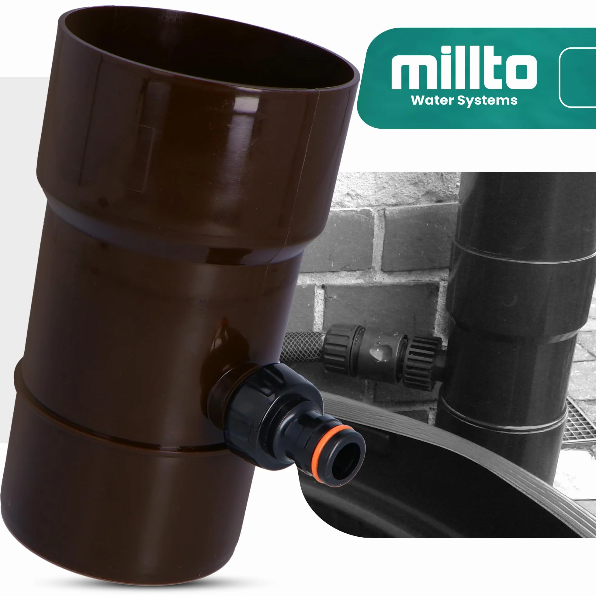 Millto™ Odpływ Rynny Dachowej Zbiornika na Deszczówkę DN Ø 110 mm Brązowy | Łapacz Wody Deszczowej Odzyskiwacz Zbieracz Deszczu Kolektor Deszczówki Przyłącze pod Szybkozłączkę 1 PowerJet