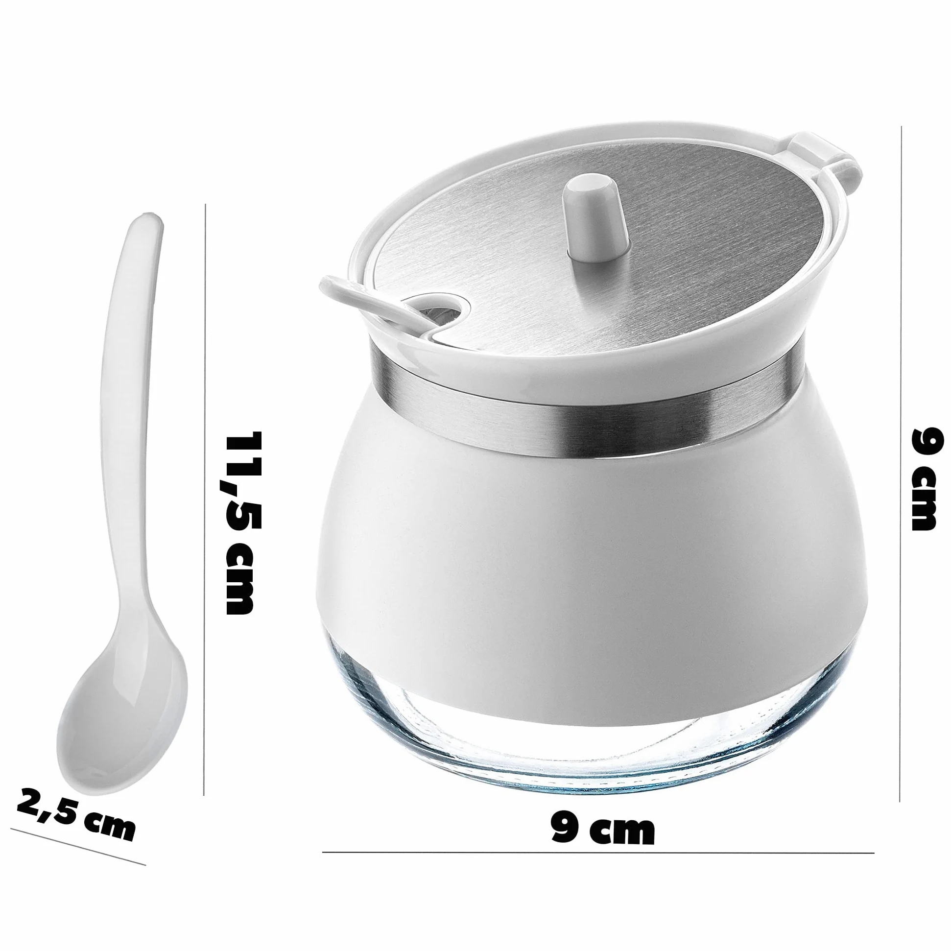 KADAX Cukiernica szklana z łyżeczką i pokrywką, 270 ml, 9x9 cm, kolor biały - elegancki pojemnik na cukier do kuchni i serwowania herbaty, szczelne zamknięcie, łatwe dozowanie
