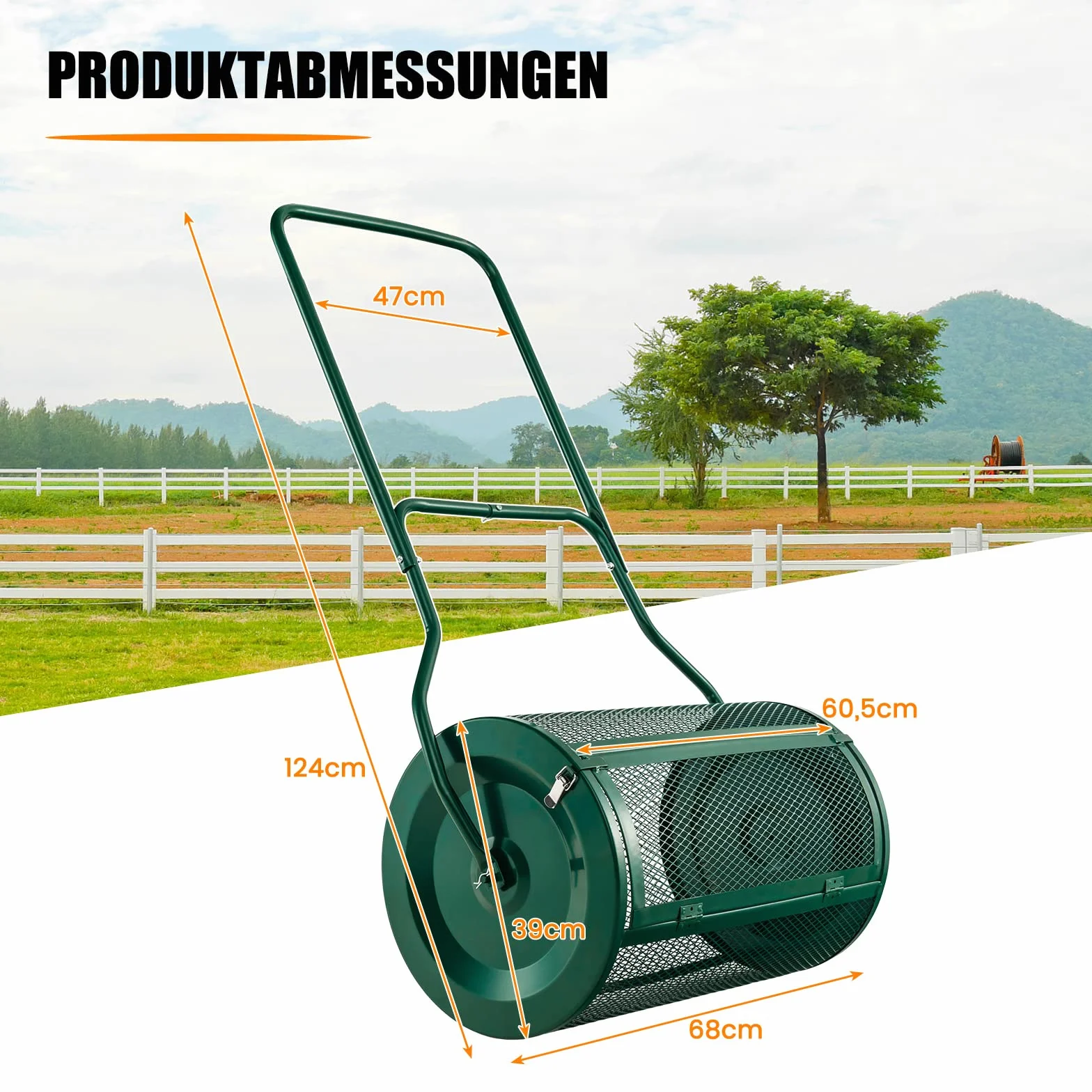 COSTWAY Rozsiewacz kompostowy 80 l, dystrybutor torfowy z uchwytem U, Ø 40 x 68 cm, rozsiewacz nawozu, trawnik, ogród, rozsiewacz nawozów i sadzonek, kompostownik, metal, dystrybutor z koszem z siatki