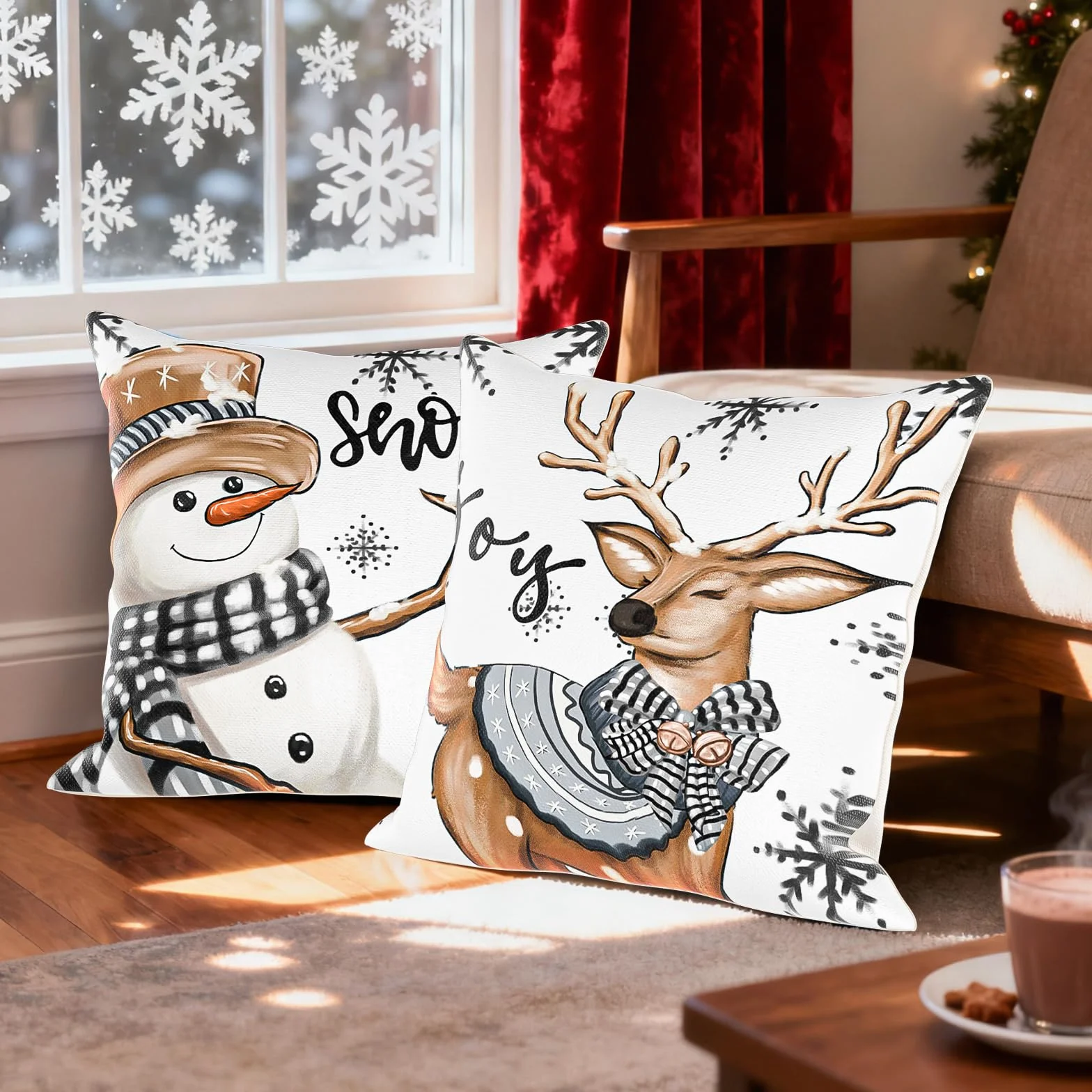 Christmas poszewka na poduszkę 40 x 40, 4 sztuki, lniana poduszka bożonarodzeniowa, dekoracja bożonarodzeniowa, kolor biały i szary, dekoracja renifera, do salonu, na kanapę, dekoracja