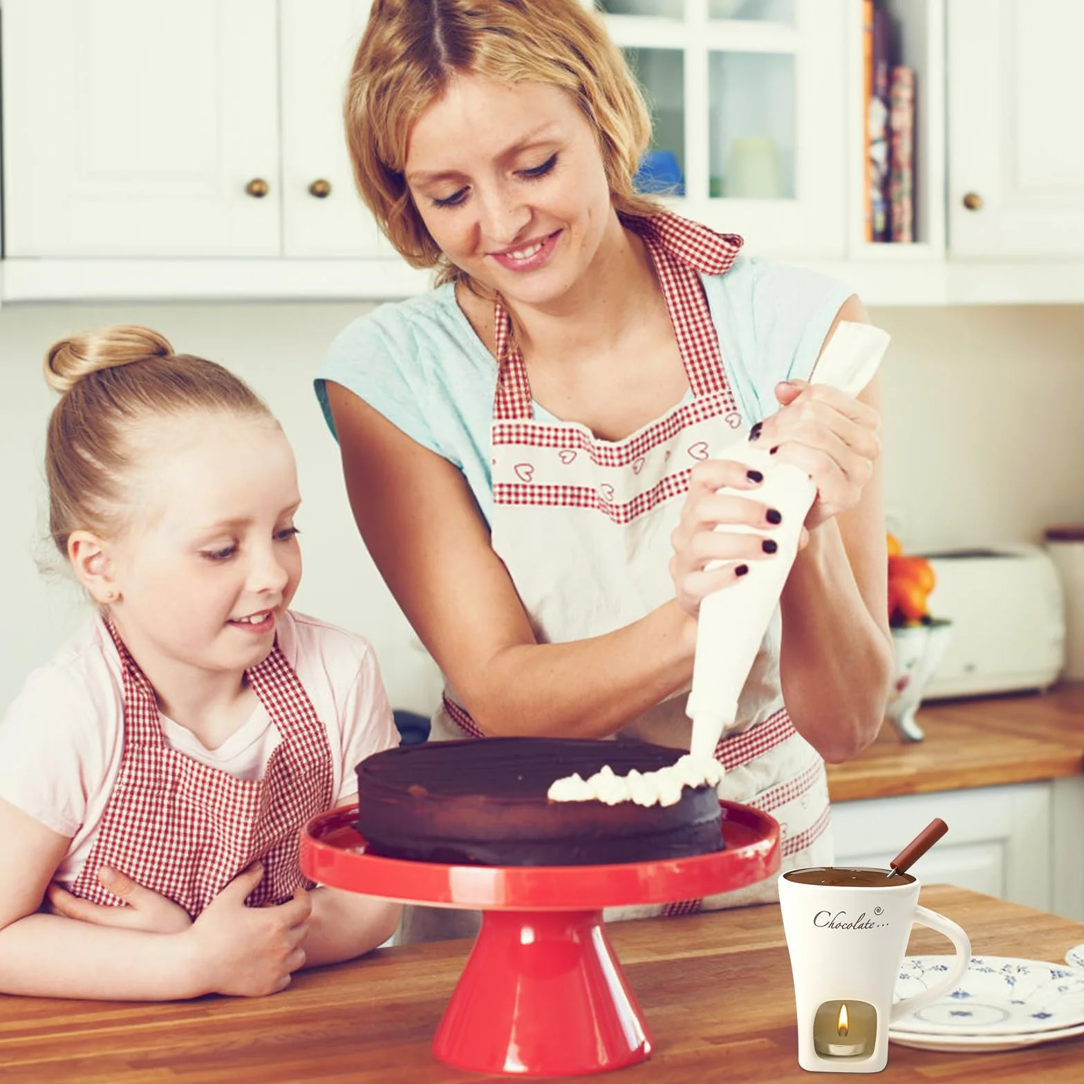 Filiżanka do fondue czekoladowego, ceramiczna, 130 ml, z uchwytem na podgrzewacze i widelcami, czekoladowe fondue, zestaw do fondue, czekolady, fondue, czekolady, fondue, zestaw do topienia czekolady