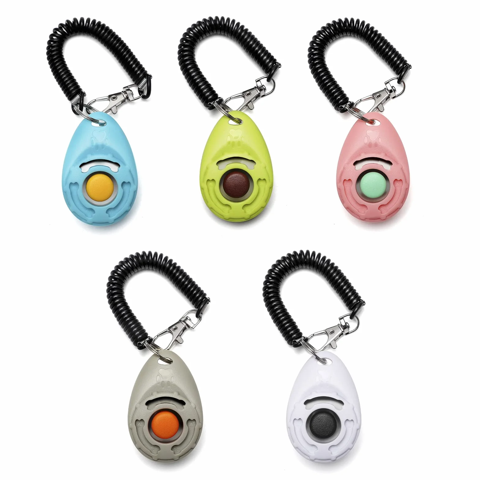 Toozey Clicker dla psów, 5 sztuk clicker z paskiem na rękę, klik z dużym przyciskiem, 5 kolorów, bonusowy e-book (biały + szary + różowy + niebieski + zielony)