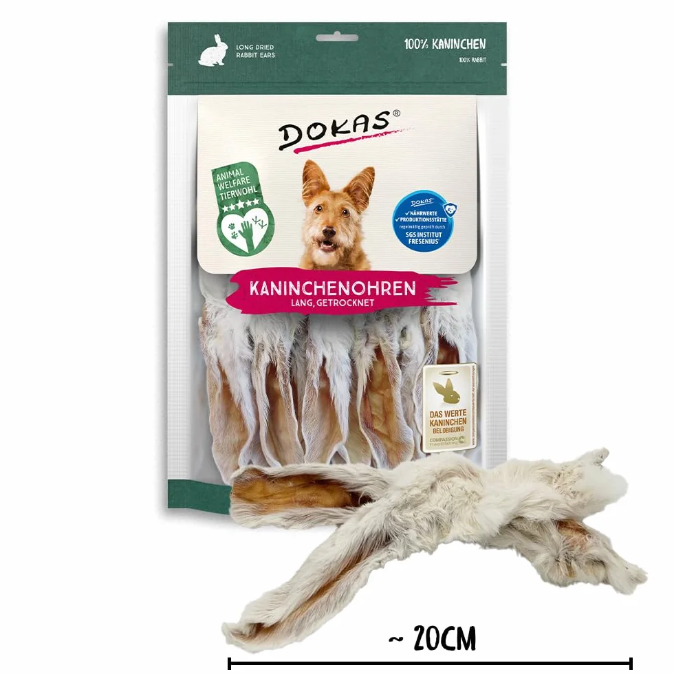 DOKAS Uszy królika ze sierścią – naturalny przekąsk premium dla psów ze 100% królików – długie dla dużych psów – 1 x 180 g