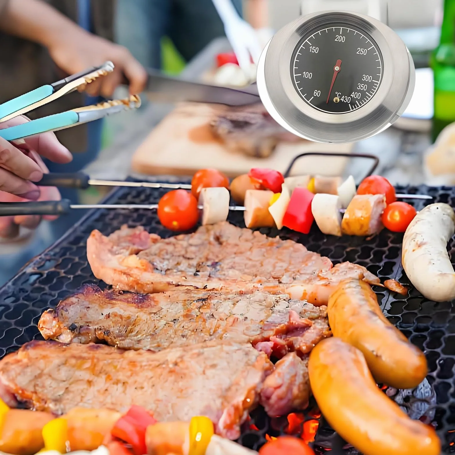 Termometr do grilla ze stali nierdzewnej, do grilla gazowego, 60-430°C, termometr grillowy, termometr do grilla, termometr piecowy, do wszystkich grillów na węgiel drzewny, pieca, pieca, pieca