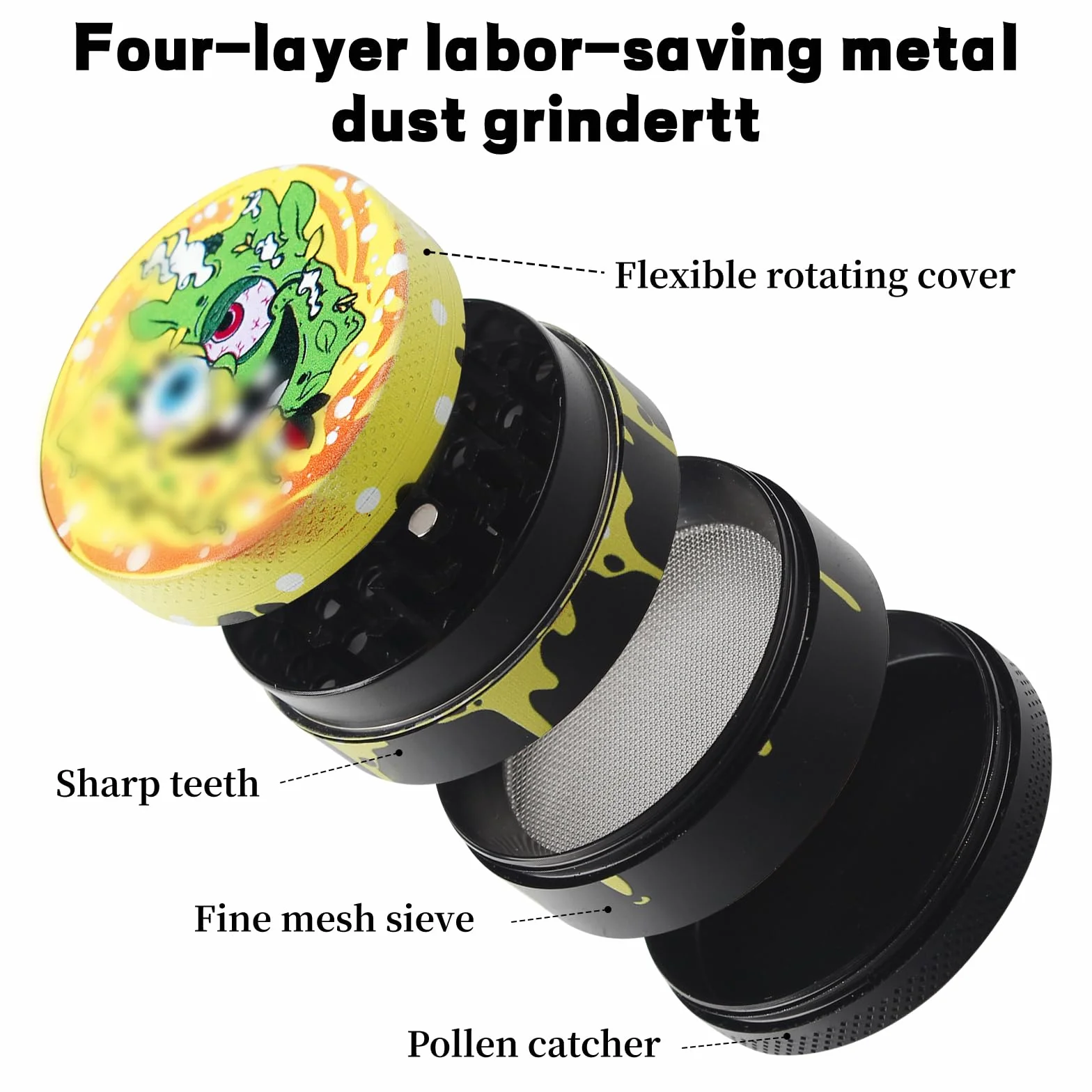 Grinder Crusher 24 zęby, młynek do ziół z metalu, stop cynku, mechanizm mielący ze skrobakiem i plastikową szczotką do przypraw, pyłków do trawy, 4-częściowy zestaw do przypraw