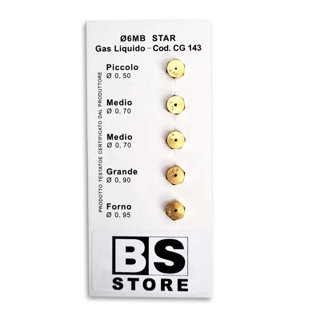 BSSTORE CG143 5 uniwersalnych dysz LPG 6 MB do butli, kuchenek gazowych | Różne rozmiary (małe 0,50-2 x średnie 0,70 - duże 0,90 - piekarnik 0,95) 5 dysz LPG