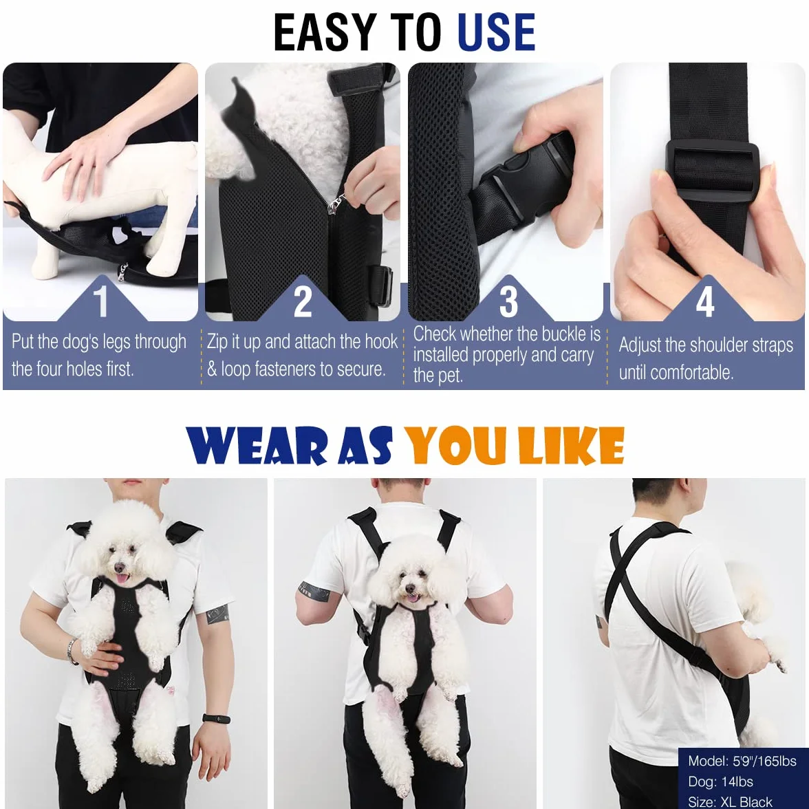 Adjustable Pet Carrier Backpack, Pet Front Dog Carrier Backpack, Legs Out, Easy-Fit for Hiking Traveling for Larger Size Dogs, Large Travel Bag, Large Size, Black
