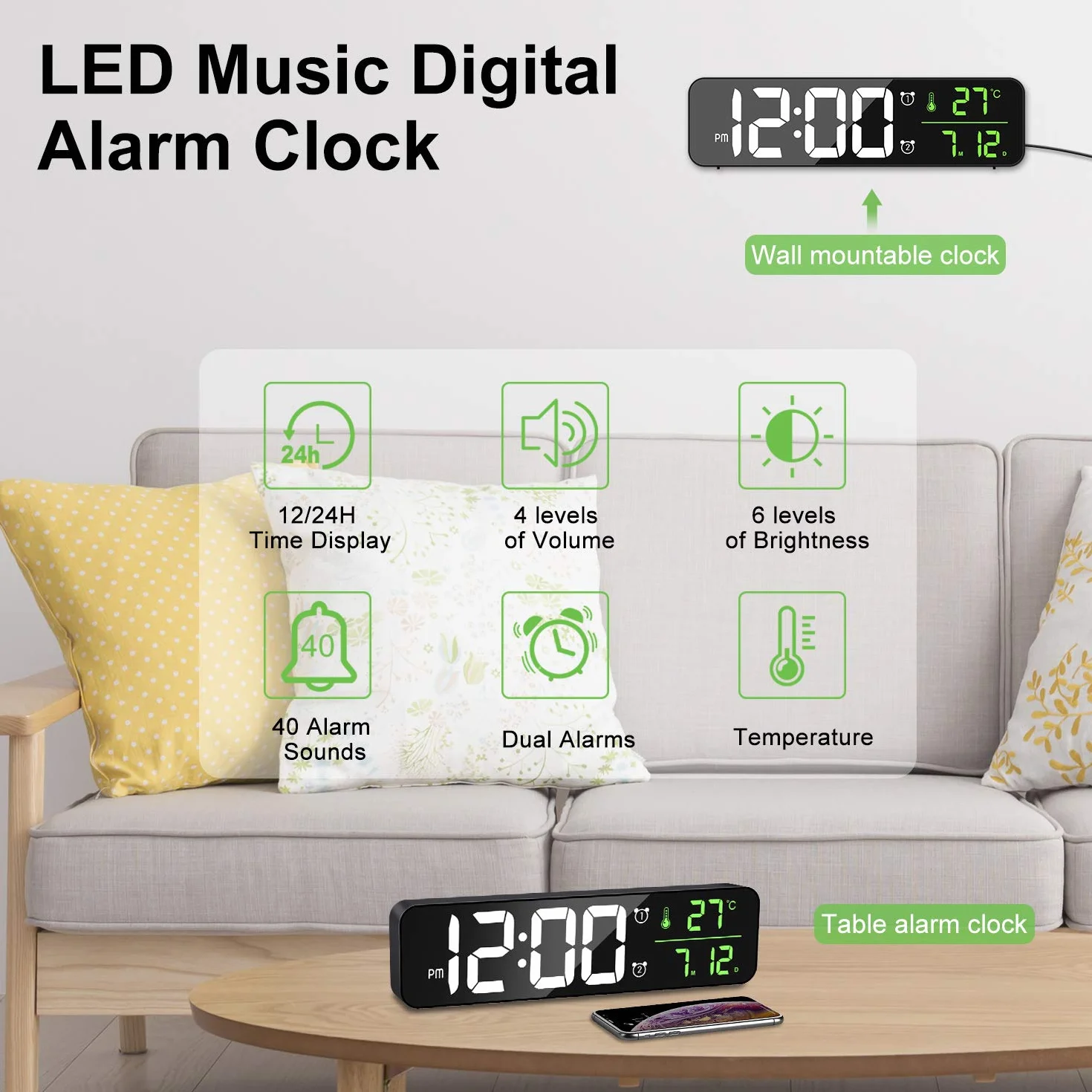 MOSUO Budzik cyfrowy LED, zegar ścienny, duże cyfry, zegar stołowy z datą i temperaturą, zegar cyfrowy USB, 2 alarmy, 40 dźwięków, regulowana jasność, czarny