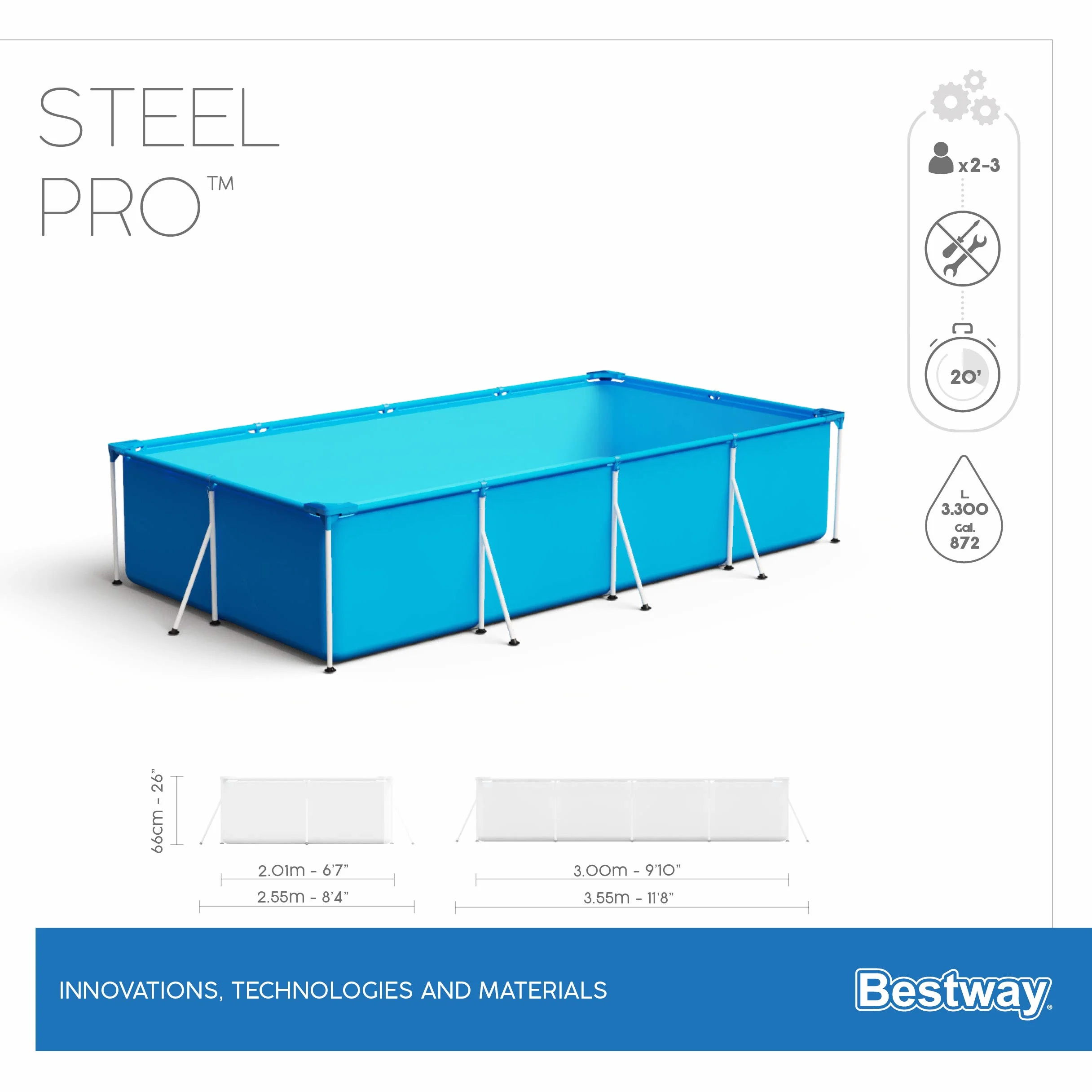 Bestway basen z prostokątną ramą, stal Pro, 25 m