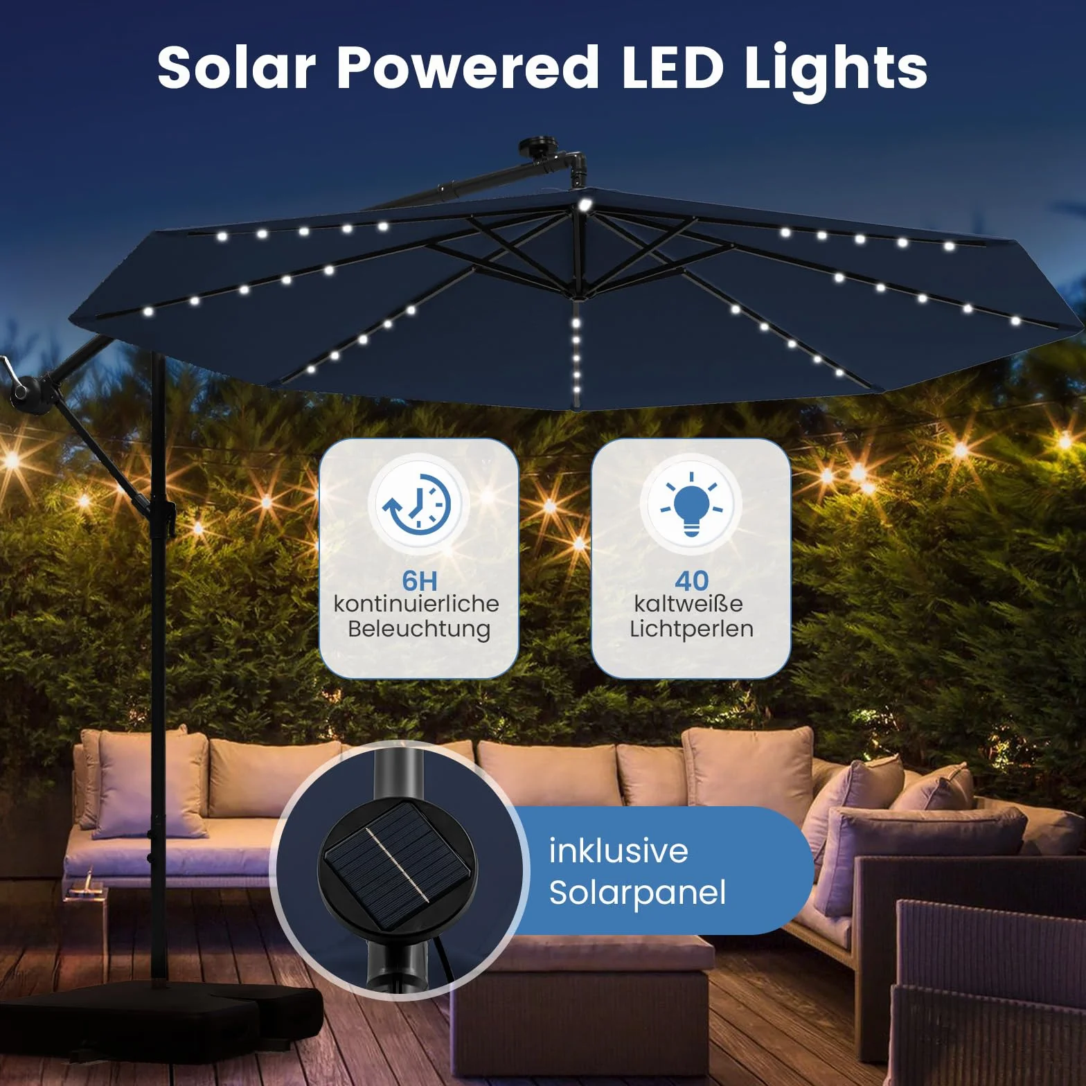 COSTWAY Parasol przeciwsłoneczny ze stojakiem i diodami LED, Ø 300 cm, z korbą, parasol ogrodowy, ochrona przed promieniowaniem UV, parasol na taras, do ogrodu, na basen, taras (niebieski)
