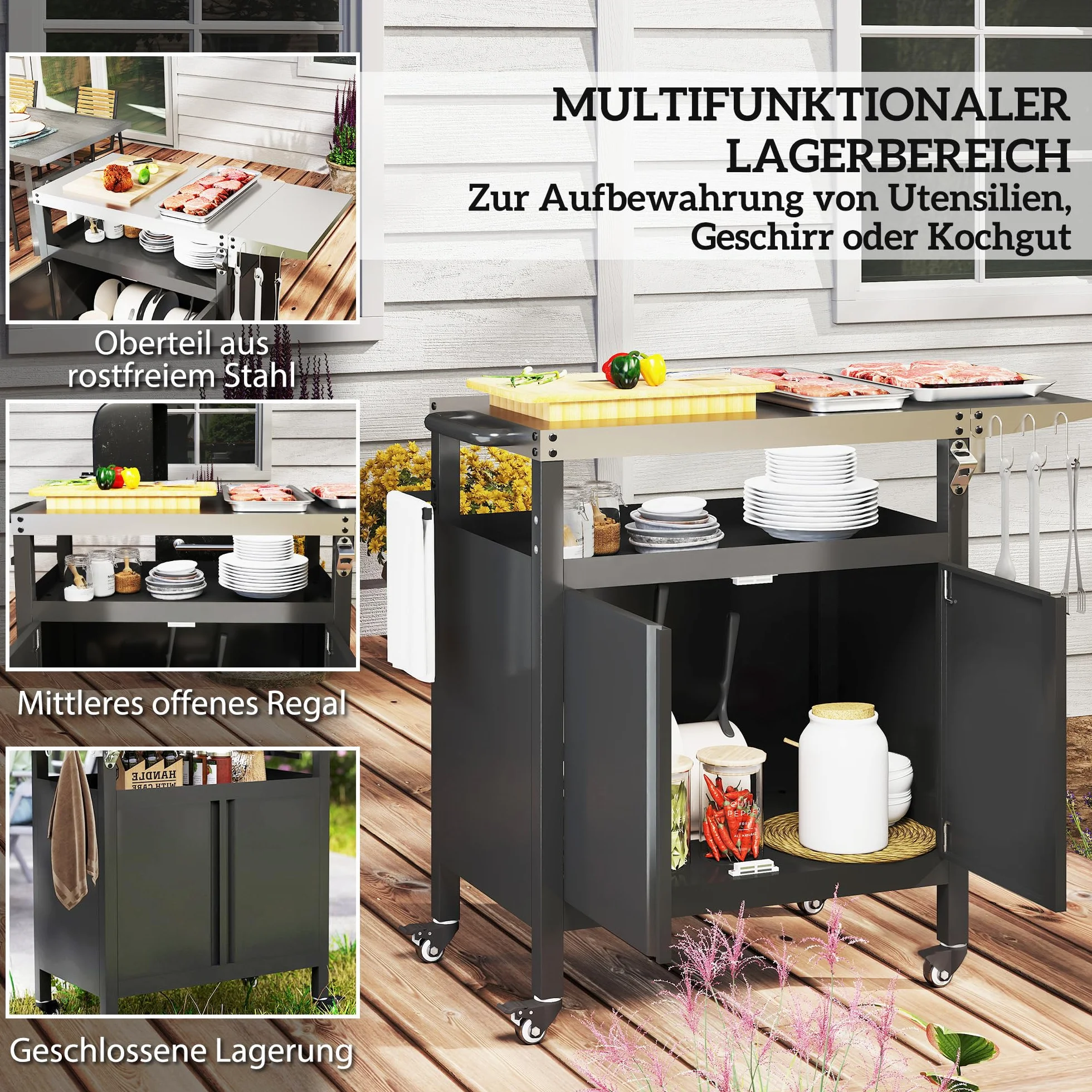 Outsunny Wózek do grillowania, 3-poziomowy, składany wózek do serwowania z powierzchnią roboczą, szafka, haki, kółka, stół do grillowania ze stali nierdzewnej, grill na węgiel drzewny, do ogrodu