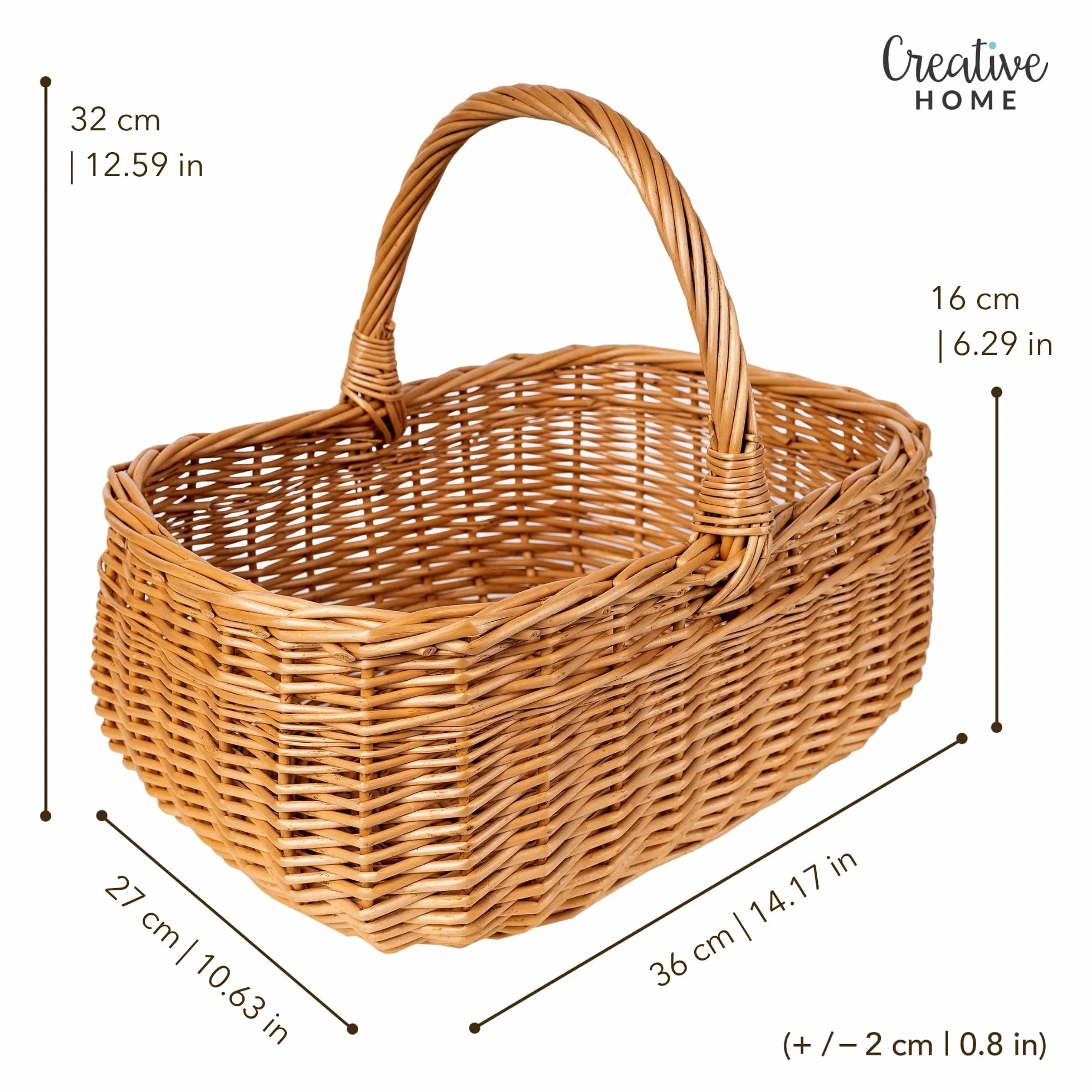 Creative Home Kosz Wiklinowy Piknikowy z Rączką | 36 x 27 x 32 cm (+/- 2 cm) | Duży i Lekki | Ręcznie Wyplatany | Naturalny Brąz | Uniwersalny i Wytrzymały