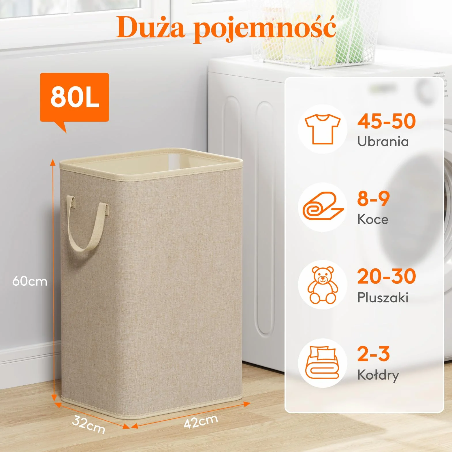 Lifewit 80L Duży Wysoki kosz na Pranie, Składany kosz na Pranie z Uchwytami, Składane Kosze na Pranie, Przenośny kosz na Brudne Ubrania do Akademika, Łazienki, Beżowy