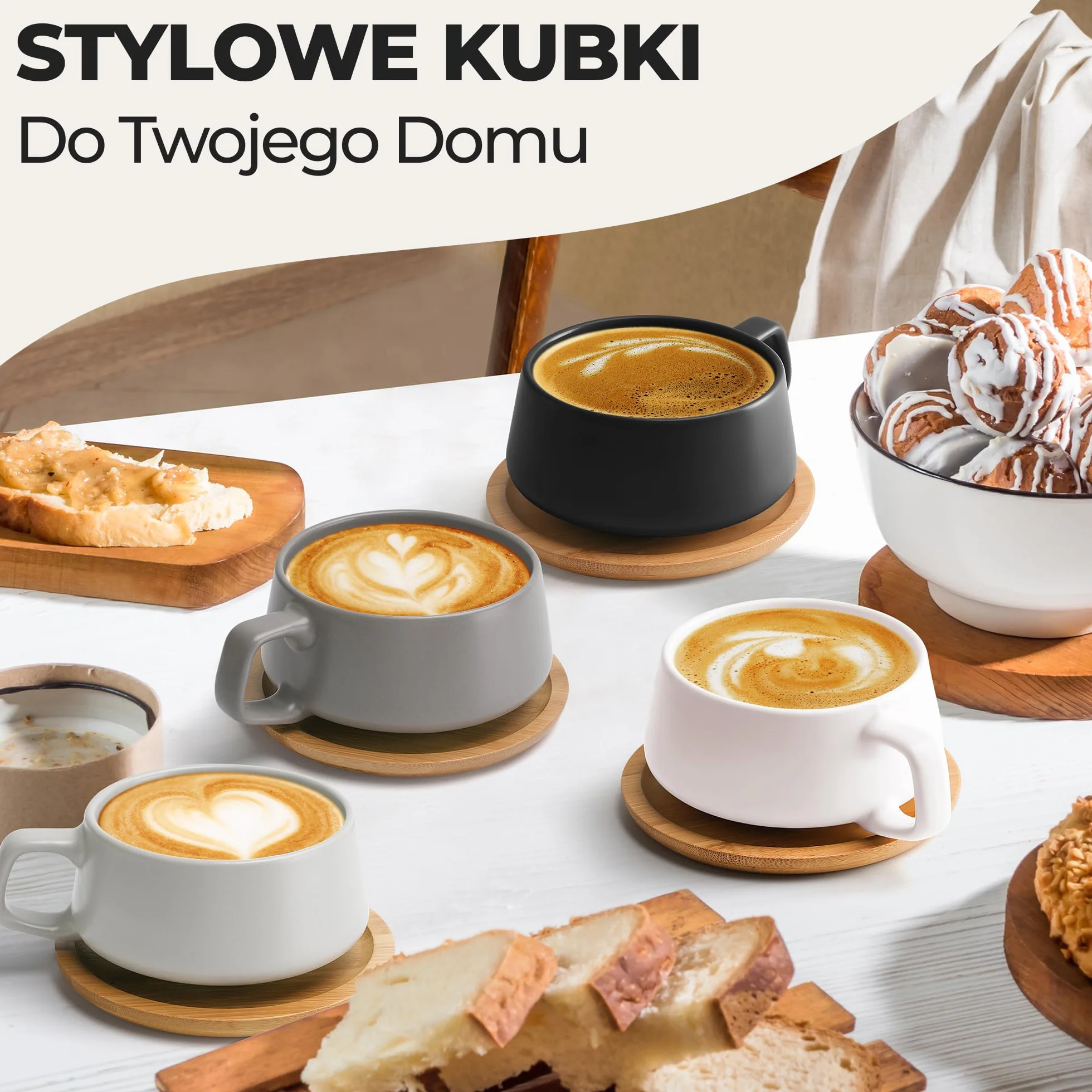 MIAMIO 320 ml, Zestaw 4 Ceramicznych Filiżanek do Herbaty i Spodków Bambusowych - Szeroki Kubek do Cappuccino, Kawy, Latte, Espresso