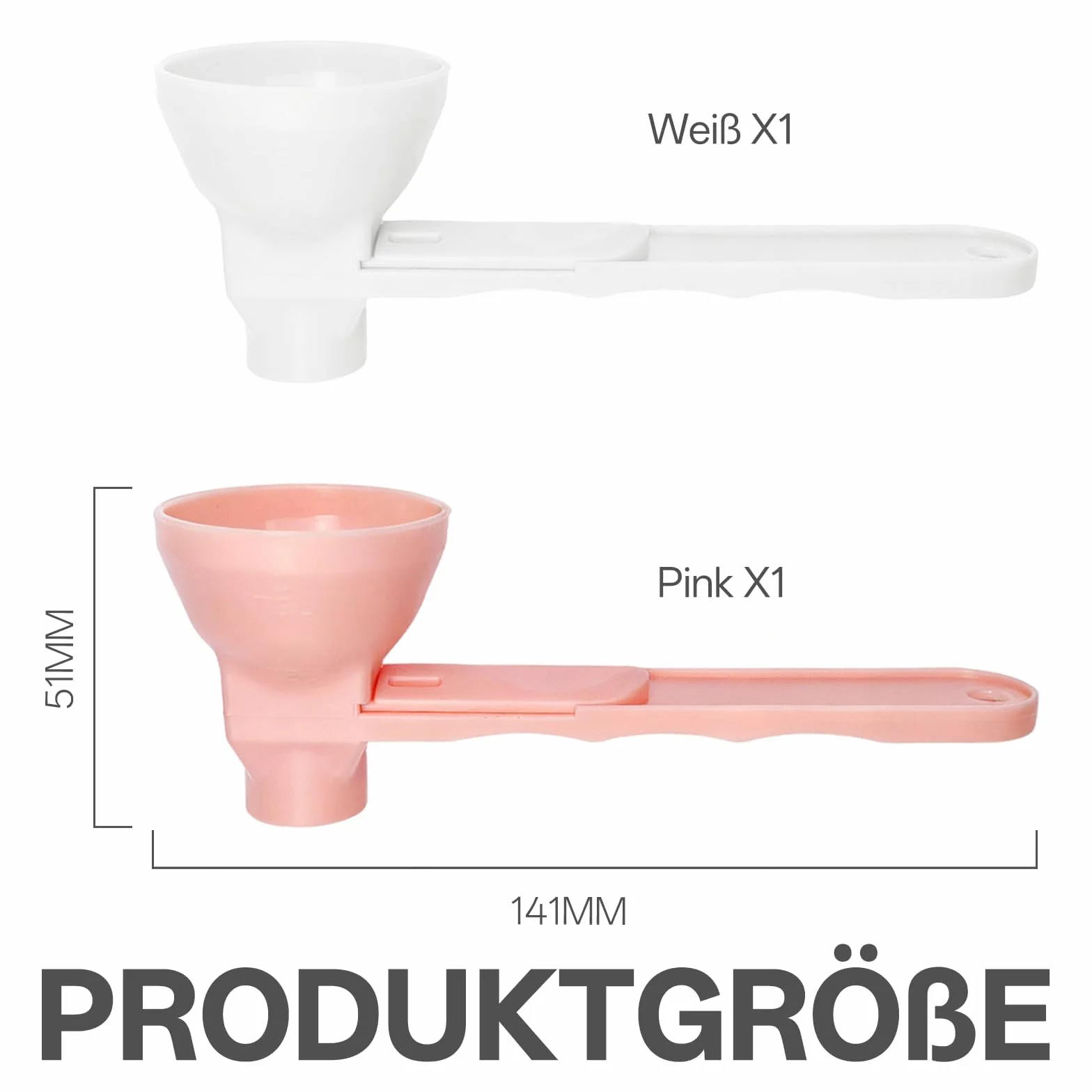 Łyżki dozujące z suwakiem – zestaw 2 szt. (biała + różowa), miarka z lejkiem do proszku, przypraw, mleka w proszku i białka, idealna do kuchni, siłowni i podróży