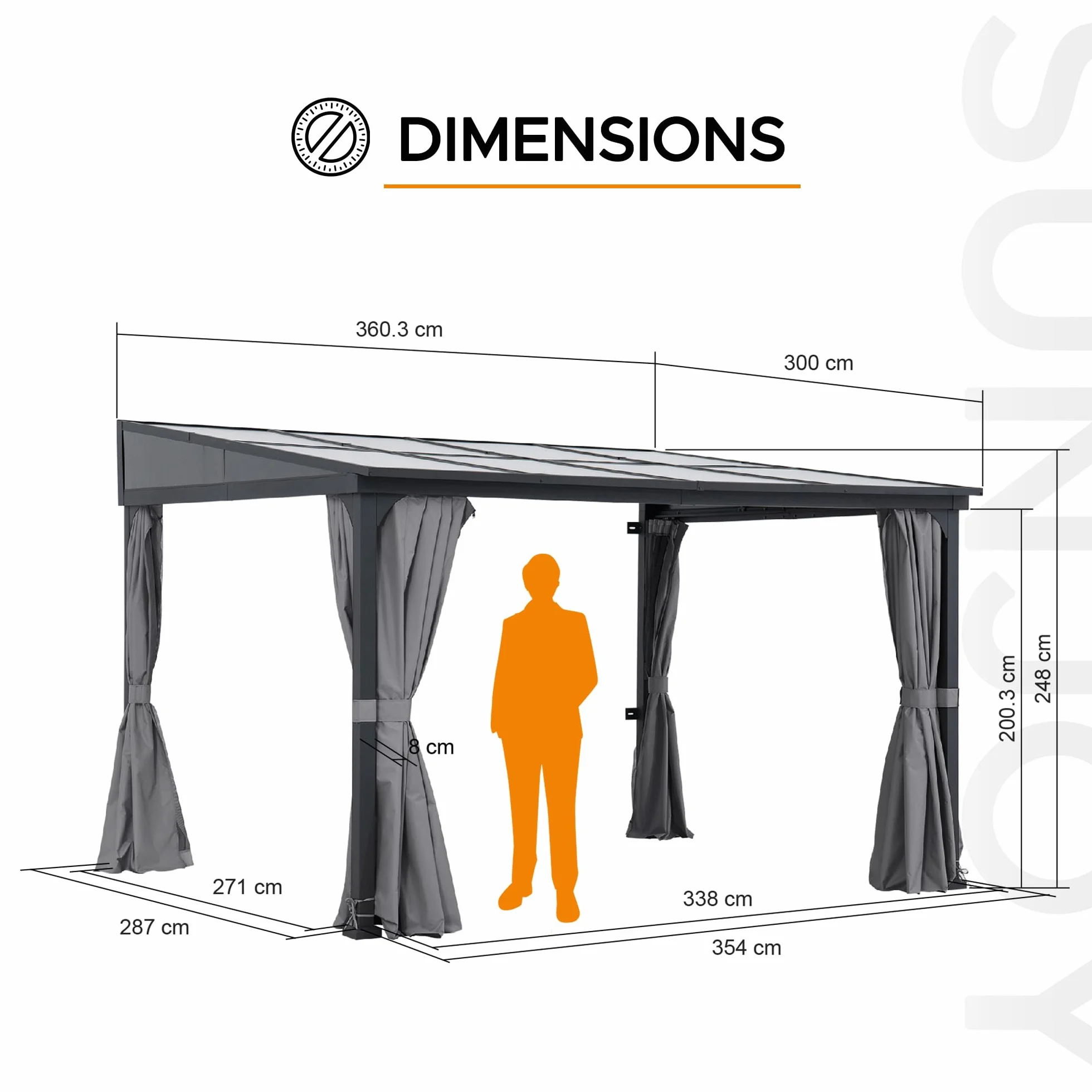 SUNJOY Pawilon Przyścienny 3 x 3,6 m z Zasłonami i Moskitiery, Grubsze Słupy 8 cm, Metalowa Konstrukcja, Wodoodporny Dach z Poliwęglanu, Pergola do Ogrodu, Tarasu i Werandy