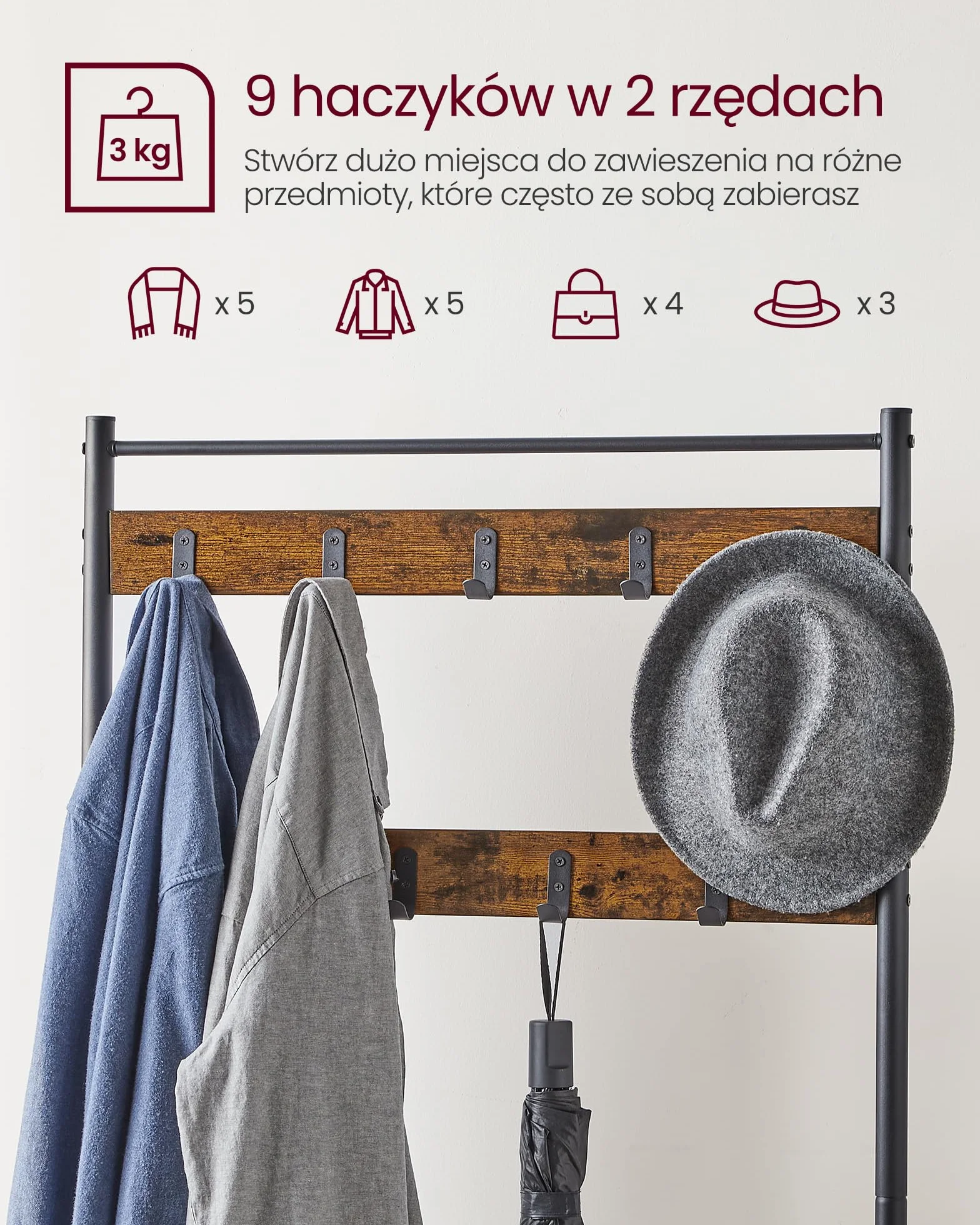 VASAGLE Metalowy wieszak z haczykami na ubrania z 3 półkami na buty i siedziskiem, do korytarza, wysokość 175 cm, styl industrialny, brązowy vintage HSR41BX
