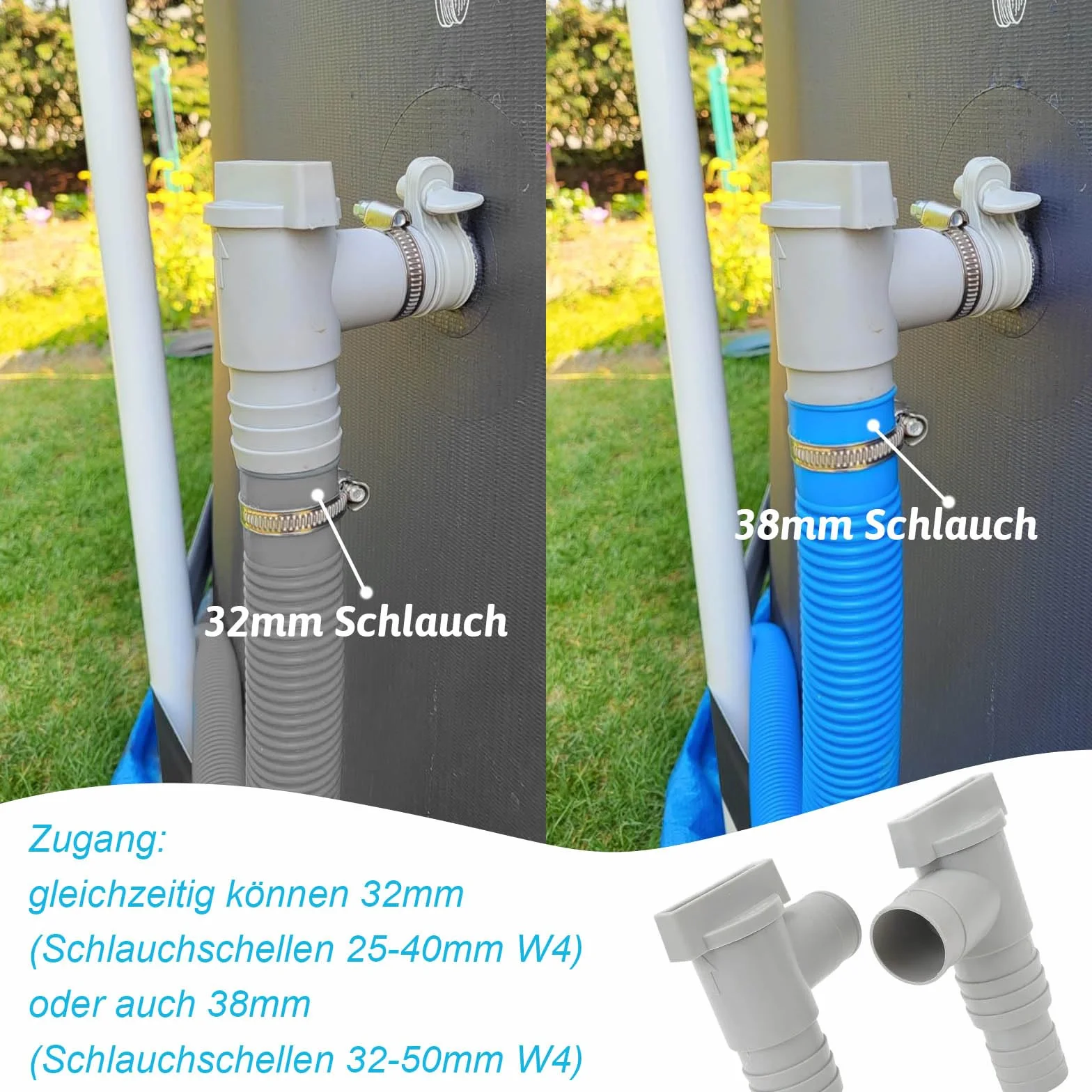 Zawór odcinający do basenów, zestaw 2 sztuk, 32 mm, z 6 obejmami do węża, zawór odcinający, przyłącze węża (kompatybilne 32 mm/38 mm), akcesoria konserwacyjne do pompy basenowej i basenów