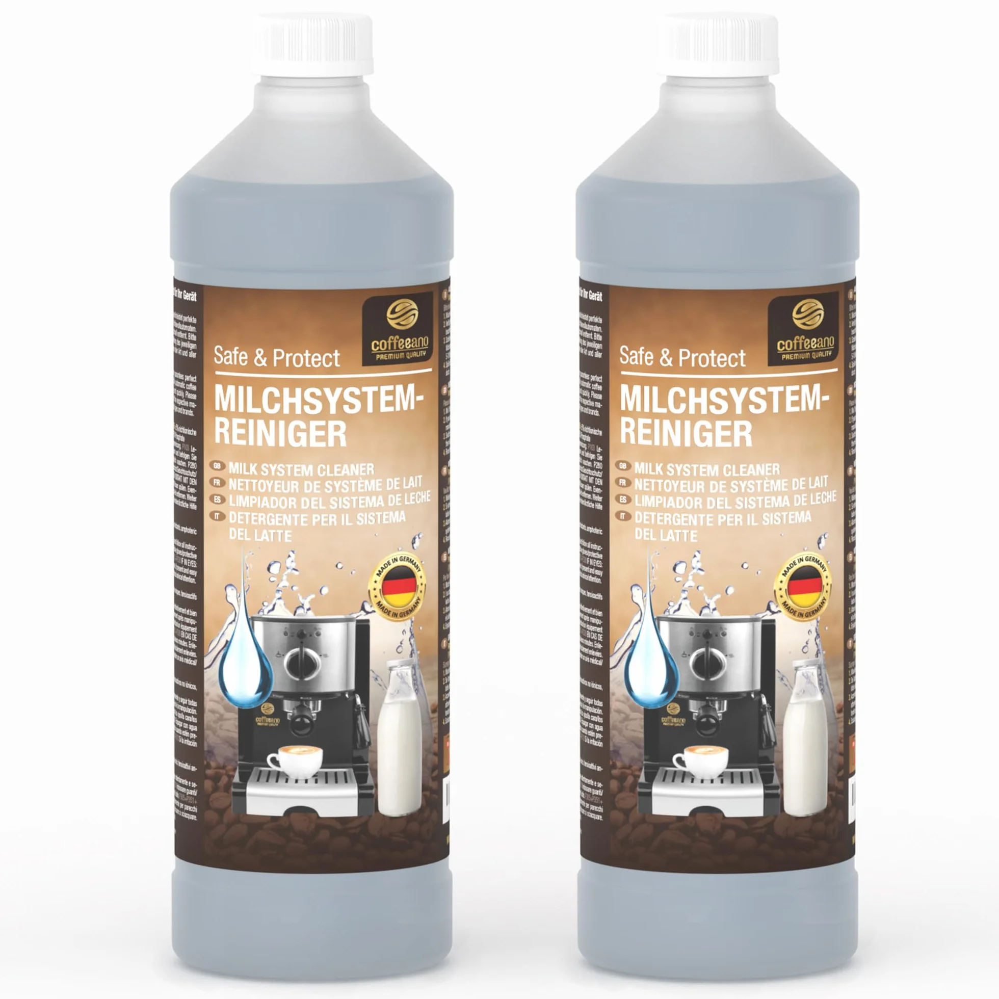Coffeeano 2x 750ml środek do czyszczenia układu mleka do ekspresów do kawy i maszyn do kawy | 100 zastosowań | Dla Delonghi, Siemens, seria EQ, Jura, Krups, Bosch, Miele, Melitta, WMF i wielu innych.