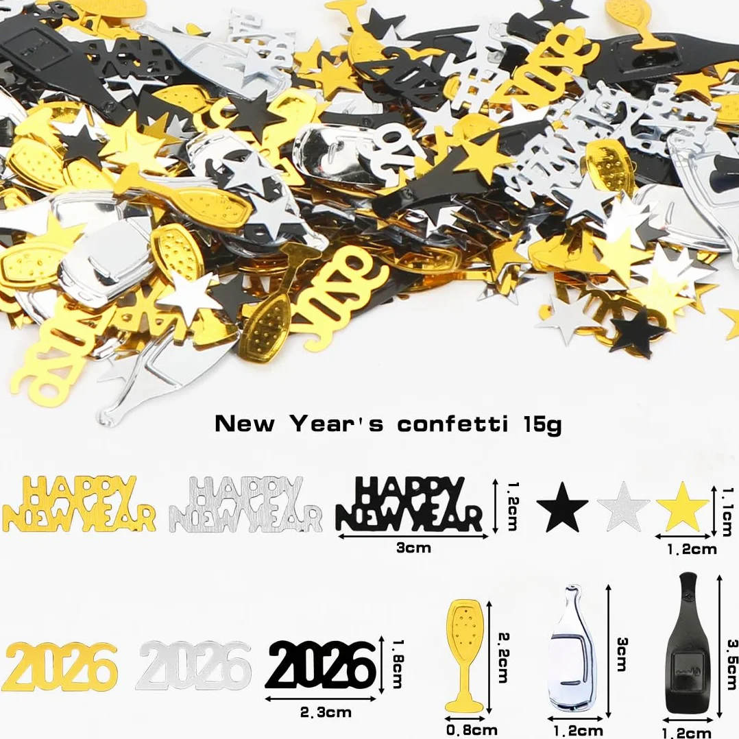 12 świeczników na stół noworoczny + 15 g noworoczne konfetti 2025 czarne złoto, Happy New Year 2025 dekoracja stołu na przyjęcie noworoczne 2025
