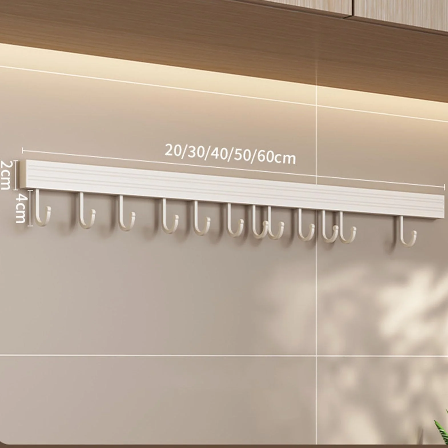 Haki ścienne do Kuchni Rack Rail Space Aluminiowy ścienny Hak Kuchenny Stojak Biały Wieszak Punch Spoon Łopata Deska do Krojenia Stojak do Przechowywania (10 haczyków 50 cm)