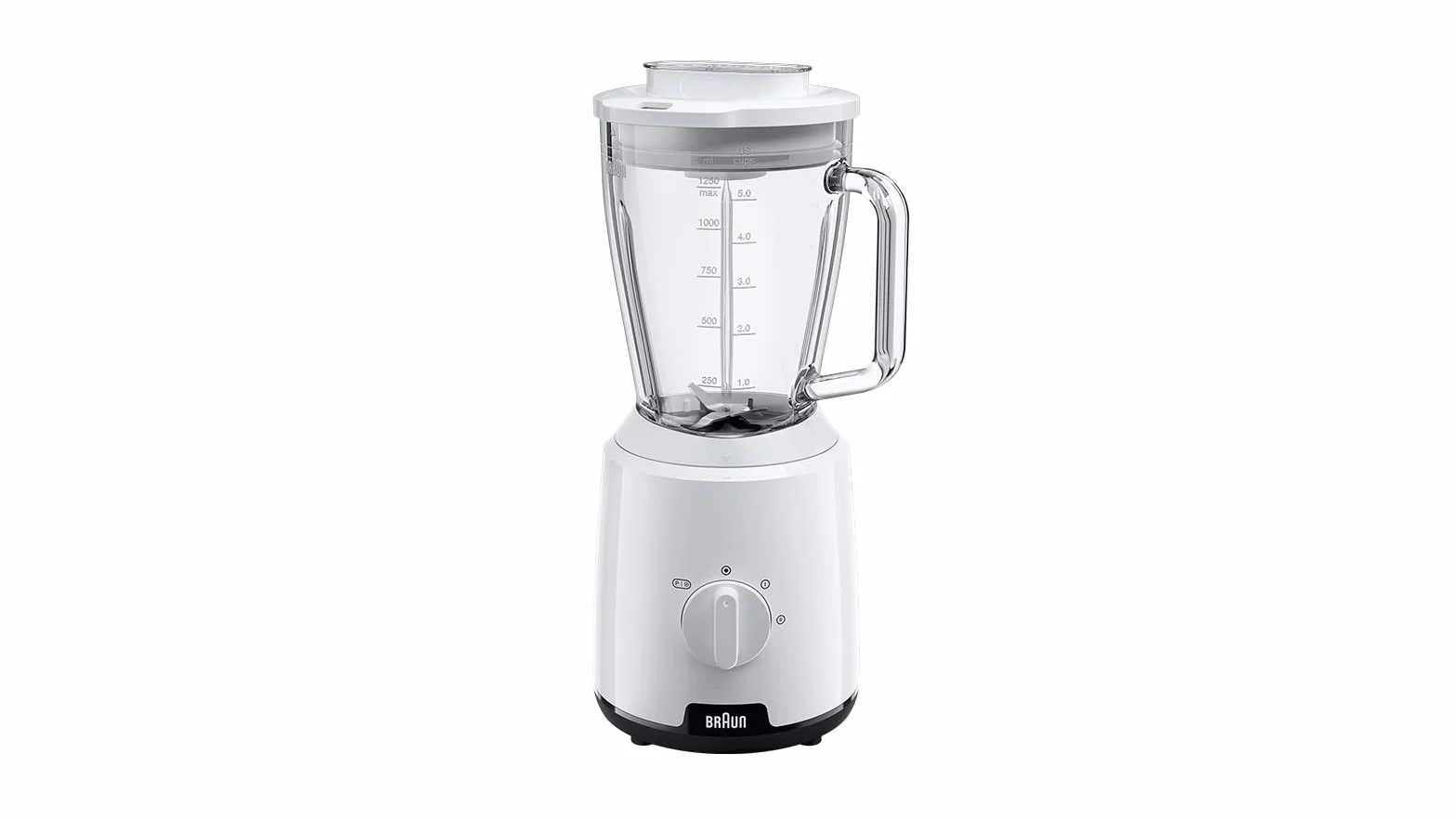 Braun PowerBlender 1, pojedynczy trójkątny mikser w szkle, 2 prędkości, funkcja kruszenia lodu, JB1050WH, 600W, biały