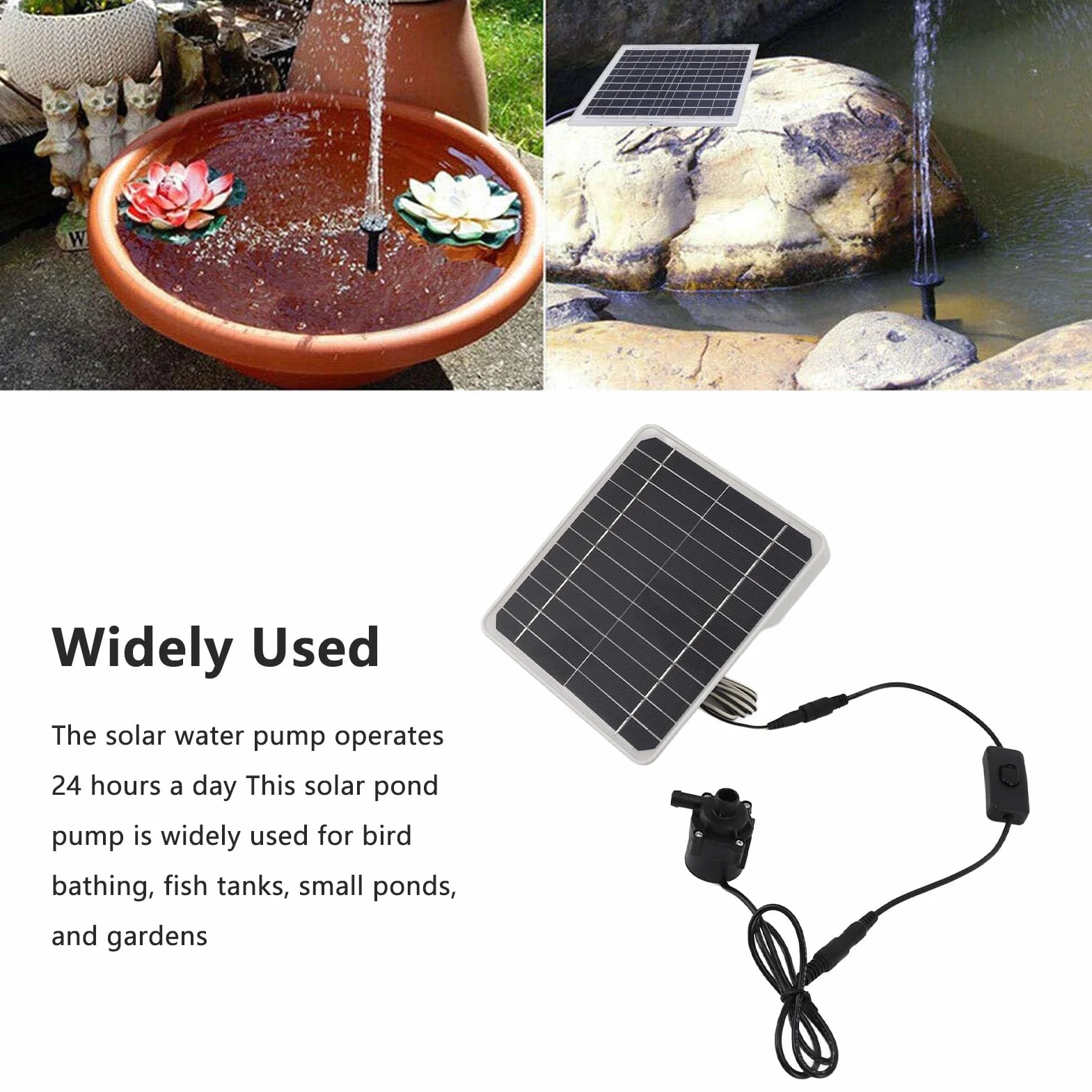 Zestaw Solarnej Pompy Wodnej, 12 V 50 W Solarna Pompa Fontannowa do Poidła dla Ptaków, Zestaw Solarnej Fontanny o Niskim Poziomie Hałasu do Stawów, Akwarium, Praca 24-godzinna