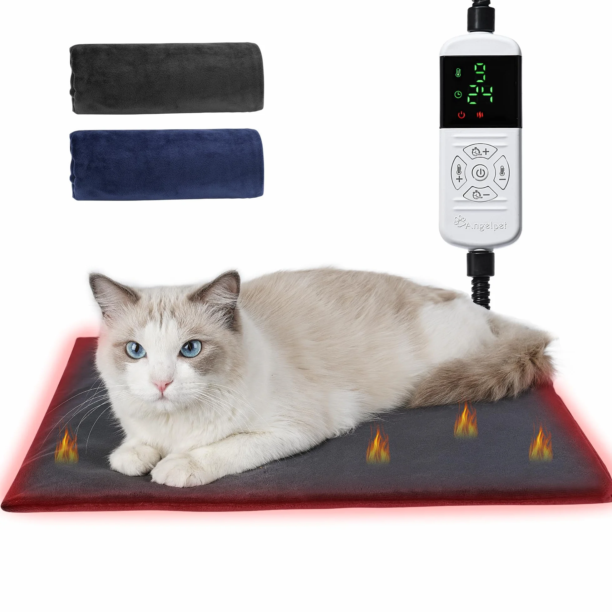 Angelpet Mata Grzewcza dla Psów i Kotów M 45x45 cm – Elektryczna Mata Grzewcza dla Zwierząt z 9 Temperaturami (35–55°C), 14 Timerów (0–12/24h), Kabel antygryzący 1,8 m, 2 Zdejmowane Pokrowce