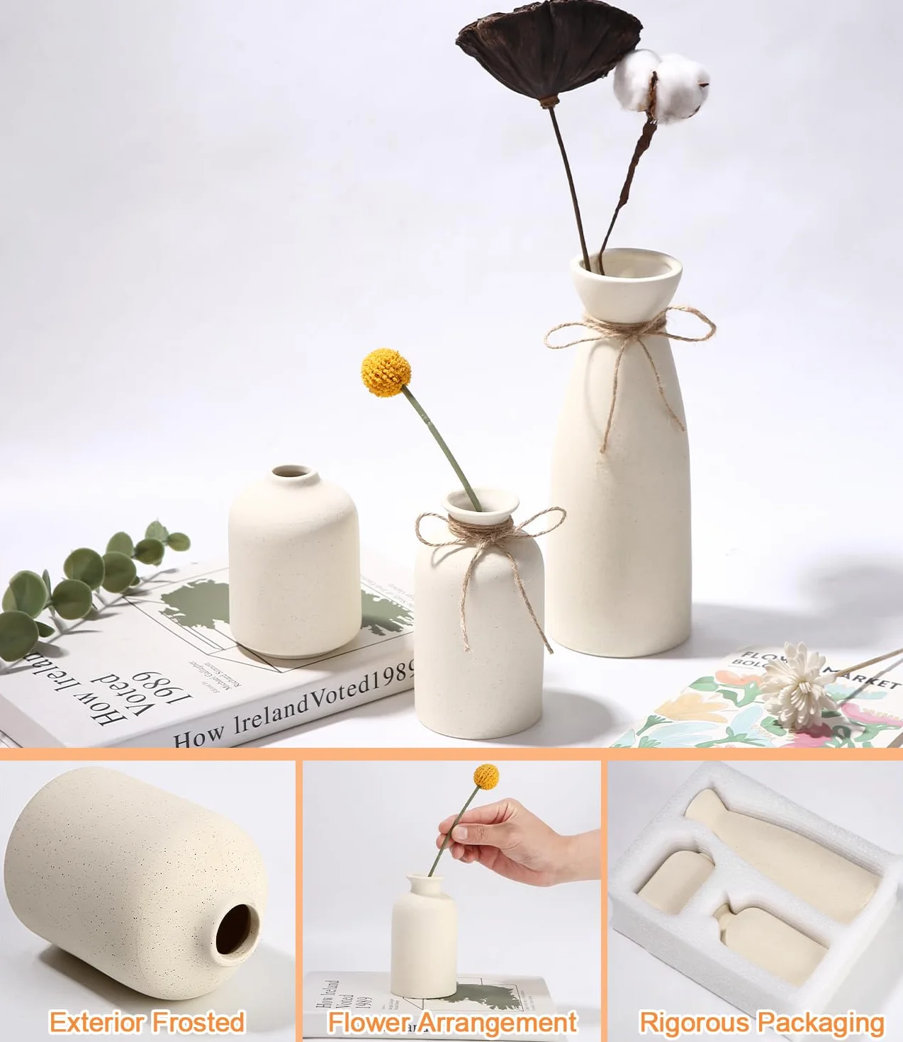 Beżowy Ceramiczny Wazon zestaw 3, nordycki współczesny i minimalistyczny wazon na kwiaty do wystroju domu, bukiet Pampas trawa Suszony świeży kwiat, centralny wystrój stołu