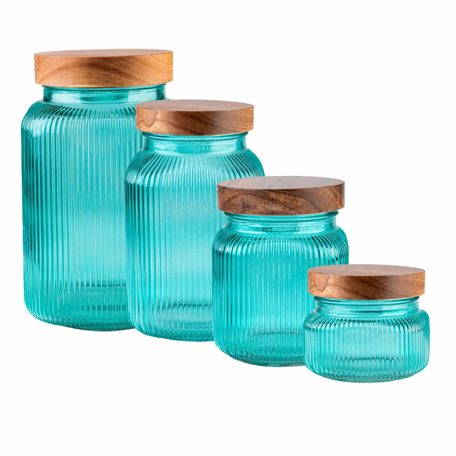 Pojemniki na zapasy ze szkła, zestaw 500 ml, 1000 ml, 2000 ml, 3000 ml, 4 słoiki żebrowane z drewnianymi pokrywkami, dekoracyjne szklane pojemniki na przyprawy, zioła, słodycze, turkusowe