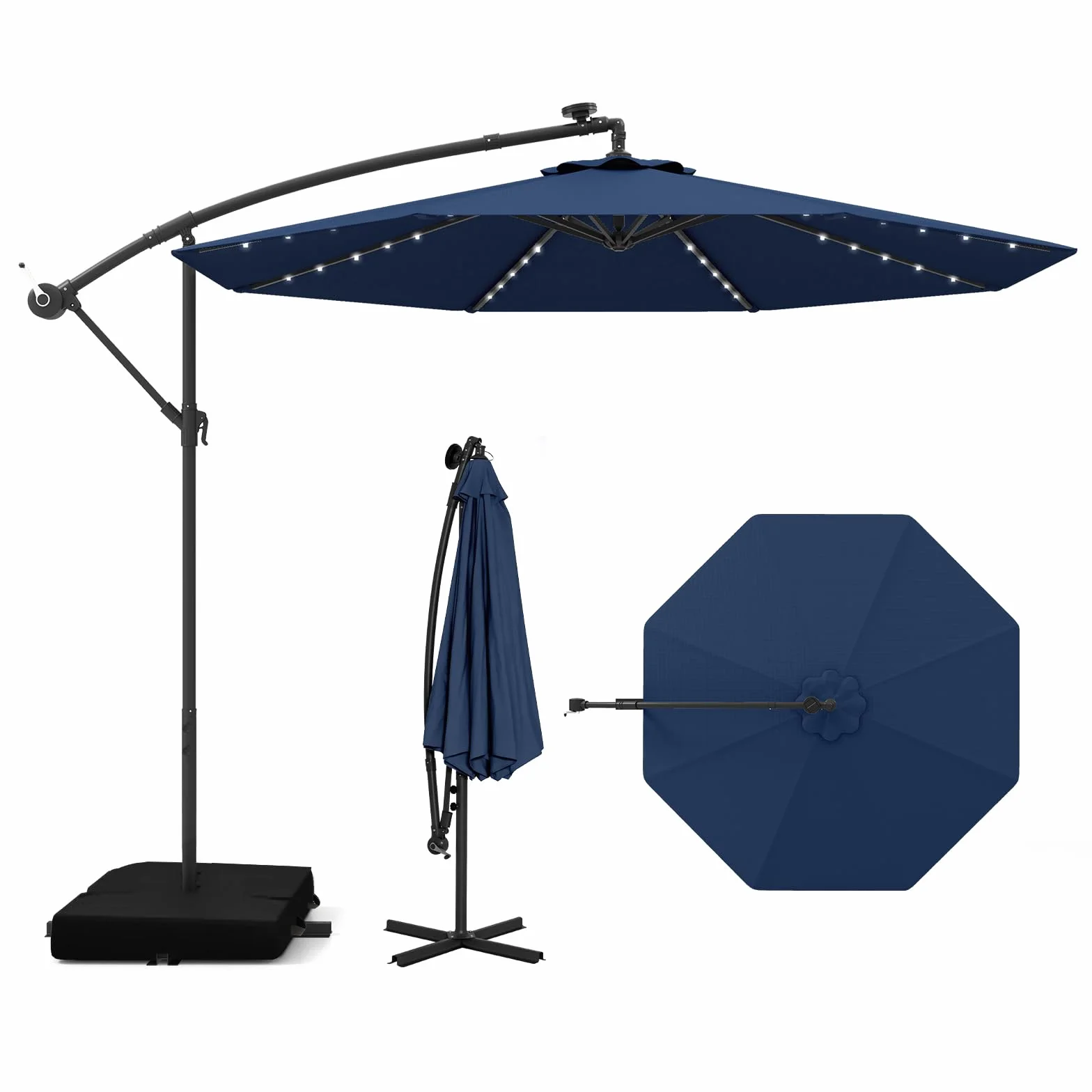 COSTWAY Parasol przeciwsłoneczny ze stojakiem i diodami LED, Ø 300 cm, z korbą, parasol ogrodowy, ochrona przed promieniowaniem UV, parasol na taras, do ogrodu, na basen, taras (niebieski)