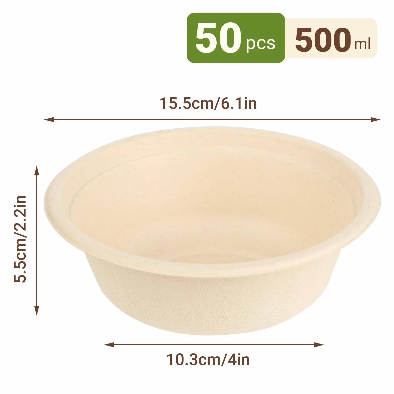 50 Sztuk Jednorazowych Naczyń - Miska Na Zupę, 500 ml / 17 oz, Wykonana Z Wysokiej Jakości Trzciny Cukrowej I Włókna Pszennego, Biodegradowalne, Odporne Na Chłodzenie I Podgrzewanie