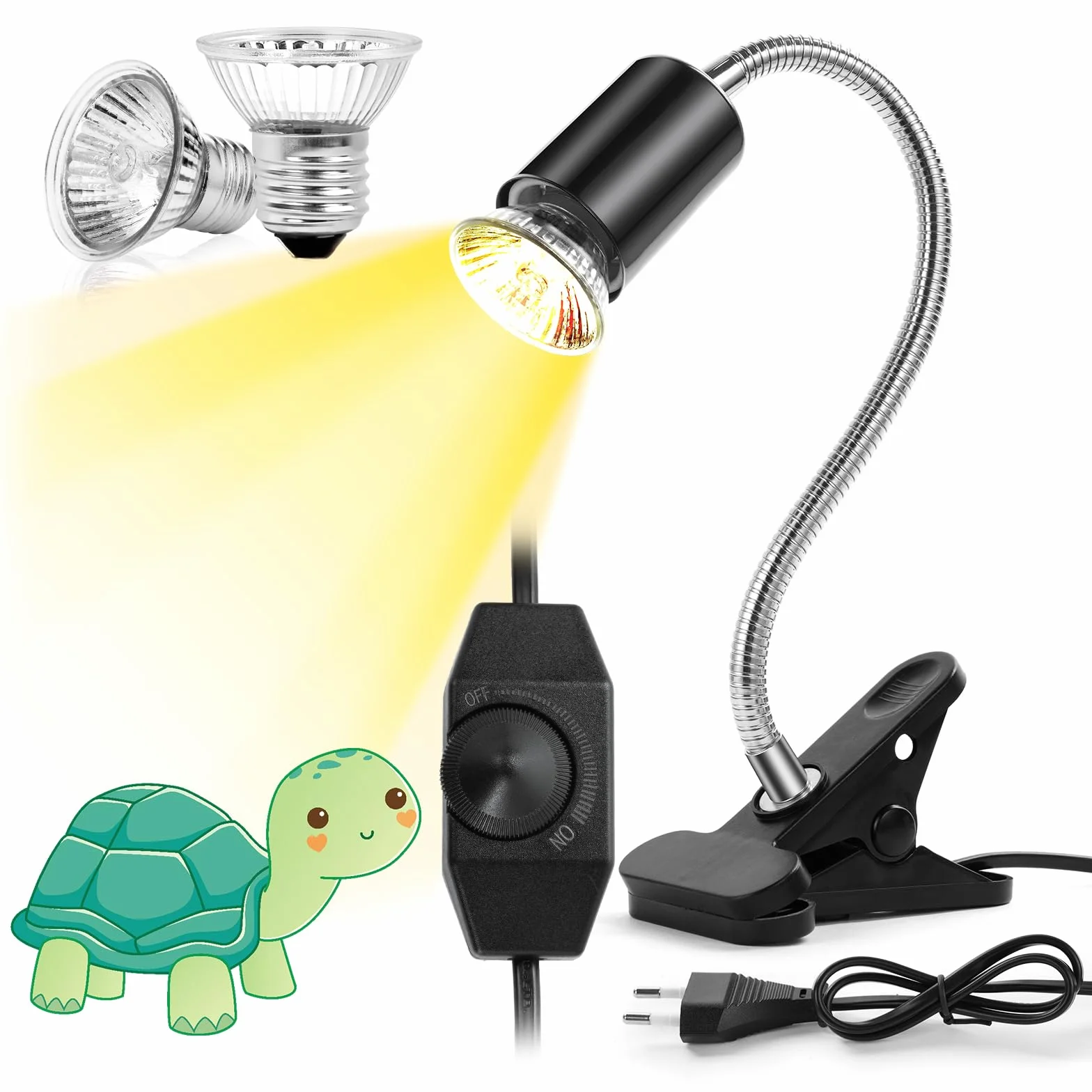 Lampa żółwia, lampa dla gadów z 1 oprawką E27 i 2 żarówkami UVA UVB o mocy 50 W i obrotowym zaciskiem 360 °, lampa dla gadów dla żółwia, węża, jaszczurki, kameleona