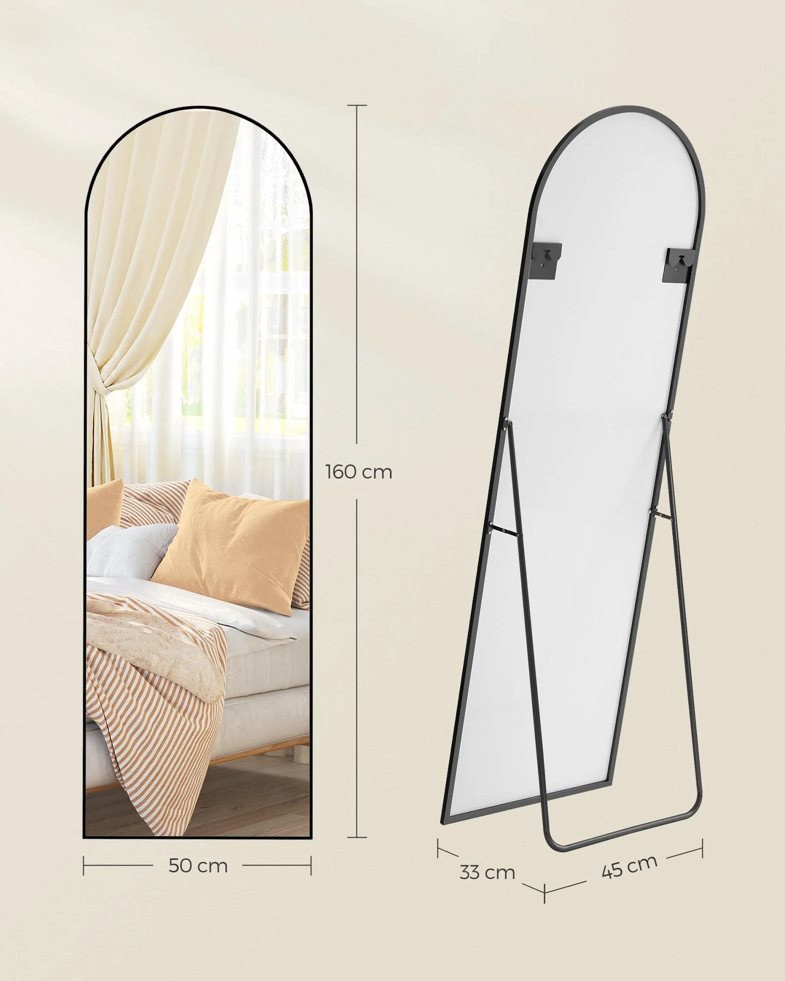 SONGMICS Lustro pełnej długości 160 x 50 cm Zakrzywione lustro stojące Rama aluminiowa Szkło hartowane do sypialni Salon Szafa Atrament Czarny LFM031B01
