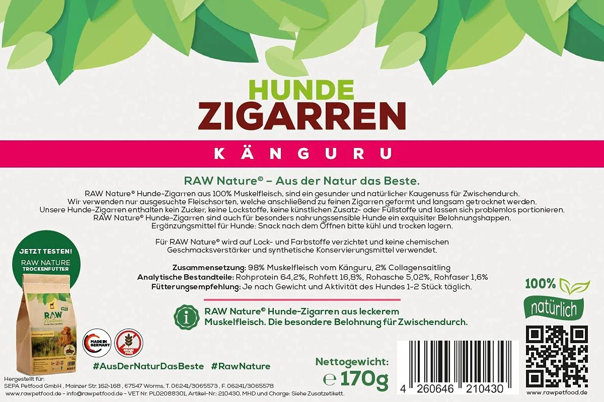 RAW Nature Psie cygaro kangur, 7 sztuk, 100% naturalna przekąska dla psa, monoproteina, hipoalergiczne i bez zbóż, suszone na powietrzu mięso kangurka, suszone mięso, wysokiej jakości mięso