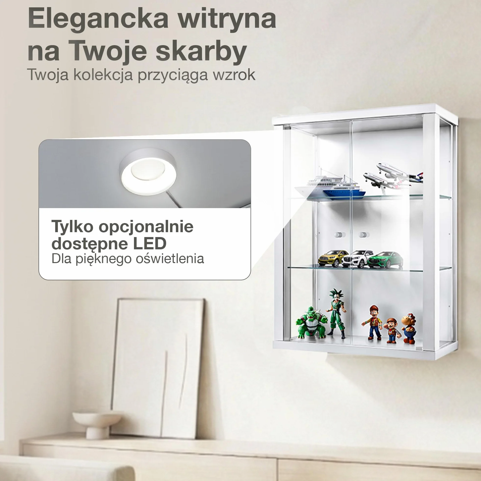 witryna wisząca szklana w kolorze białym (80x60x25 cm) z 2 regulowanymi półkami szklanymi - gablota na modele samochodów biała - szafka gablota biała - witryna kolekcjonerska
