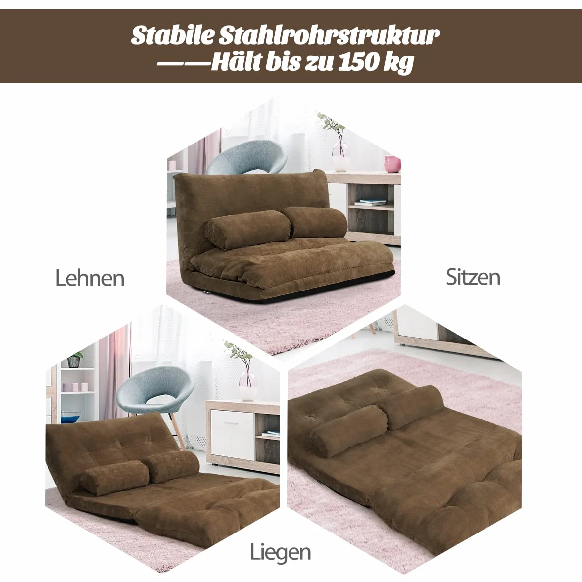 COSTWAY Sofa podłogowa, składana, 6-stopniowa regulacja, fotel podłogowy, krzesło podłogowe z 2 poduszkami, poduszka do siedzenia na podłogę z oparciem, składana sofa tapicerowana, do sypialni, salonu