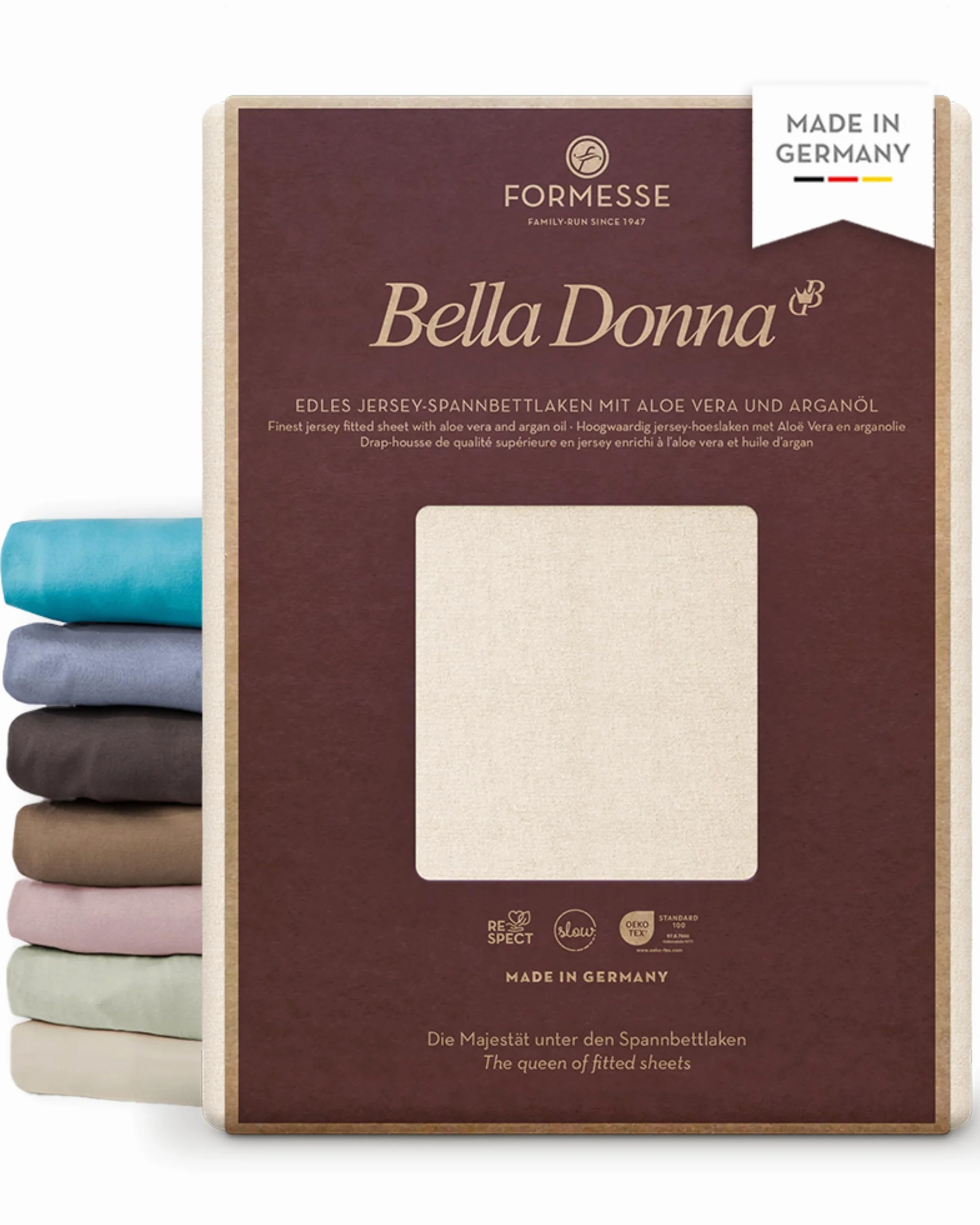 Formesse – Bella Donna Jersey. Szlachetne prześcieradło z gumką z dżerseju 90 x 190-100 x 220 cm - wysokość do 30 cm - 97% przędza bawełniana, 3% elastan, aloes i olej arganowy prześcieradło z gumką z