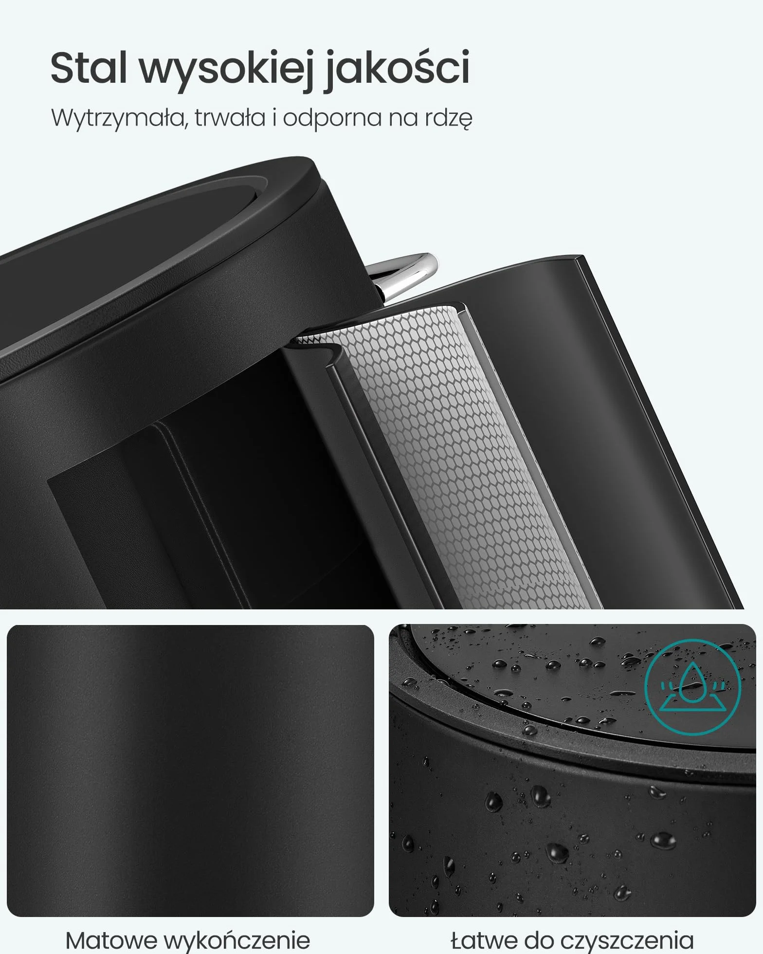 SONGMICS LTB012BZ01 Kosz łazienkowy z pokrywką, kosz na kosmetyki, 6 l, mały kosz na śmieci, miękkie zamykanie, wyjmowane plastikowe wiadro wewnętrzne, do sypialni, biura, stal, czarny atrament