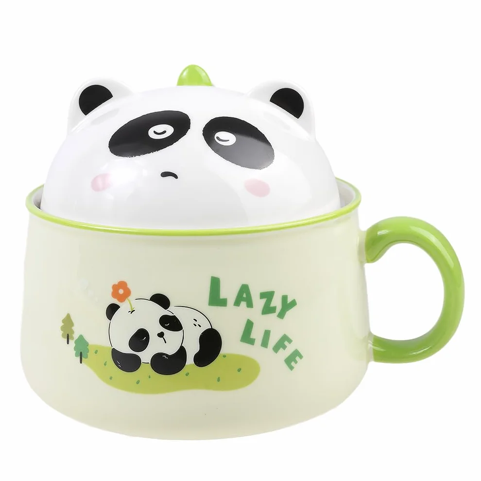 lachineuse - Azjatycka miska Ramen - Porcelana - Wzór Panda - 1020 ML - Z pokrywką i sztućcami - Miska śniadaniowa, Zupa, Ryż, Makaron Instant - Pomysł na prezent Azja Japonia Chiny - Zielony