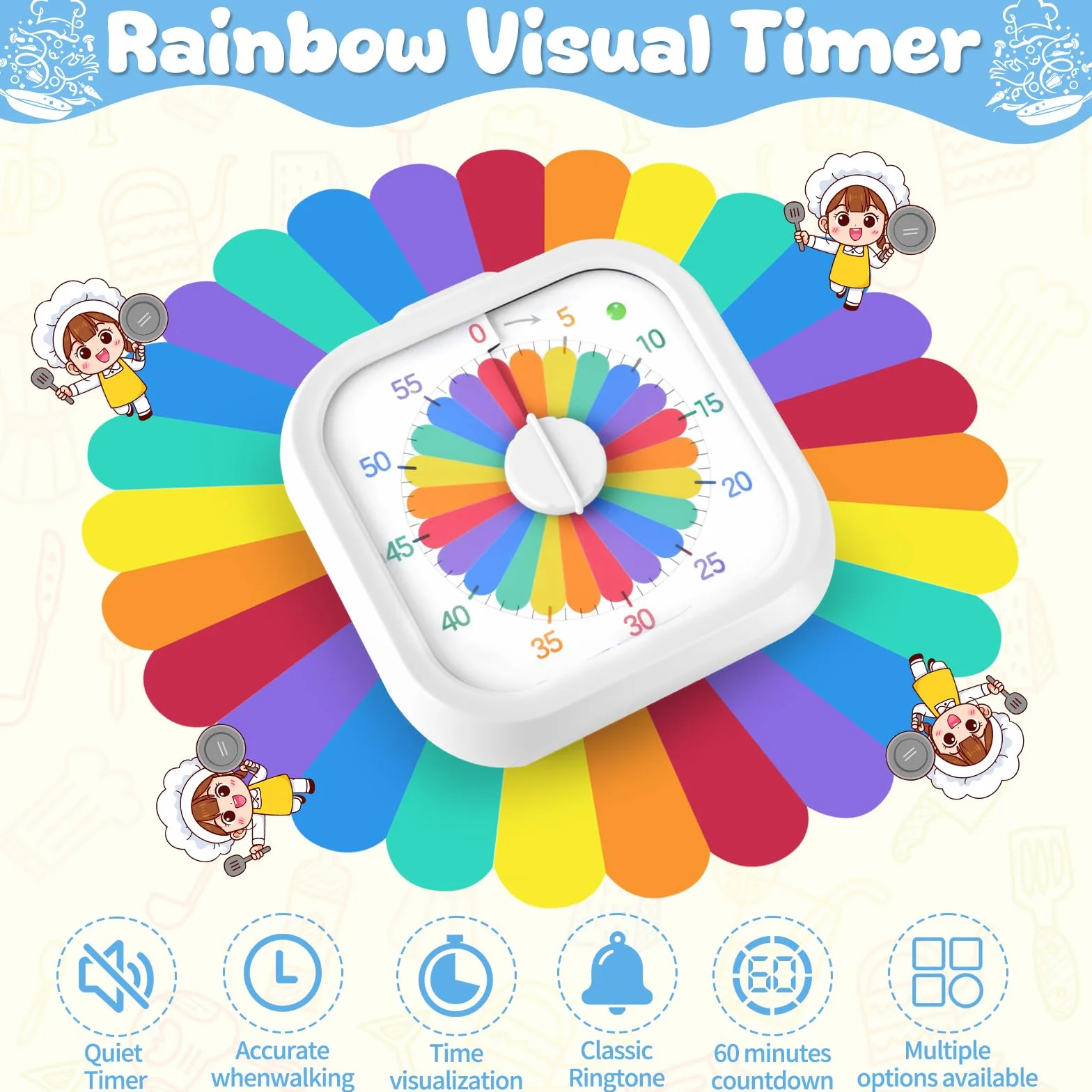 Time Timer tęczowy, wizualny timer dla dzieci i dorosłych, bezgłośna praca z opcjonalnym alarmem, do nauki w klasie, kuchni, biura domowego, narzędzie do zarządzania czasem, kolor biały
