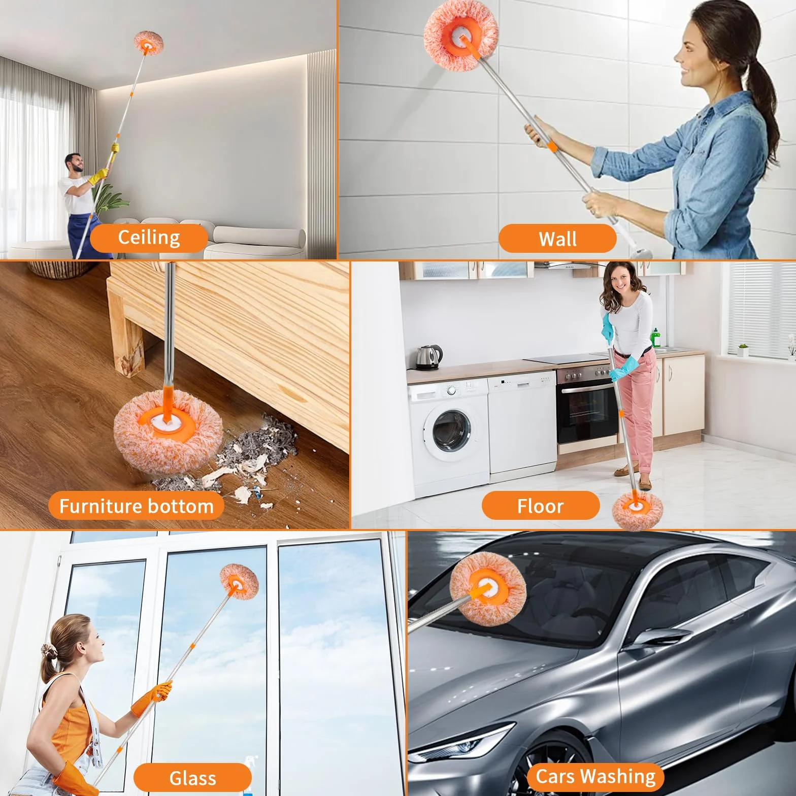 Obrotowy, regulowany mop czyszczący o 360 cm, z 5 głowicami do mopa, 188 cm, z długim uchwytem, obecny mop do czyszczenia ścian z mikrofibry, mop spinningowy do sufitów podłogowych, listwy