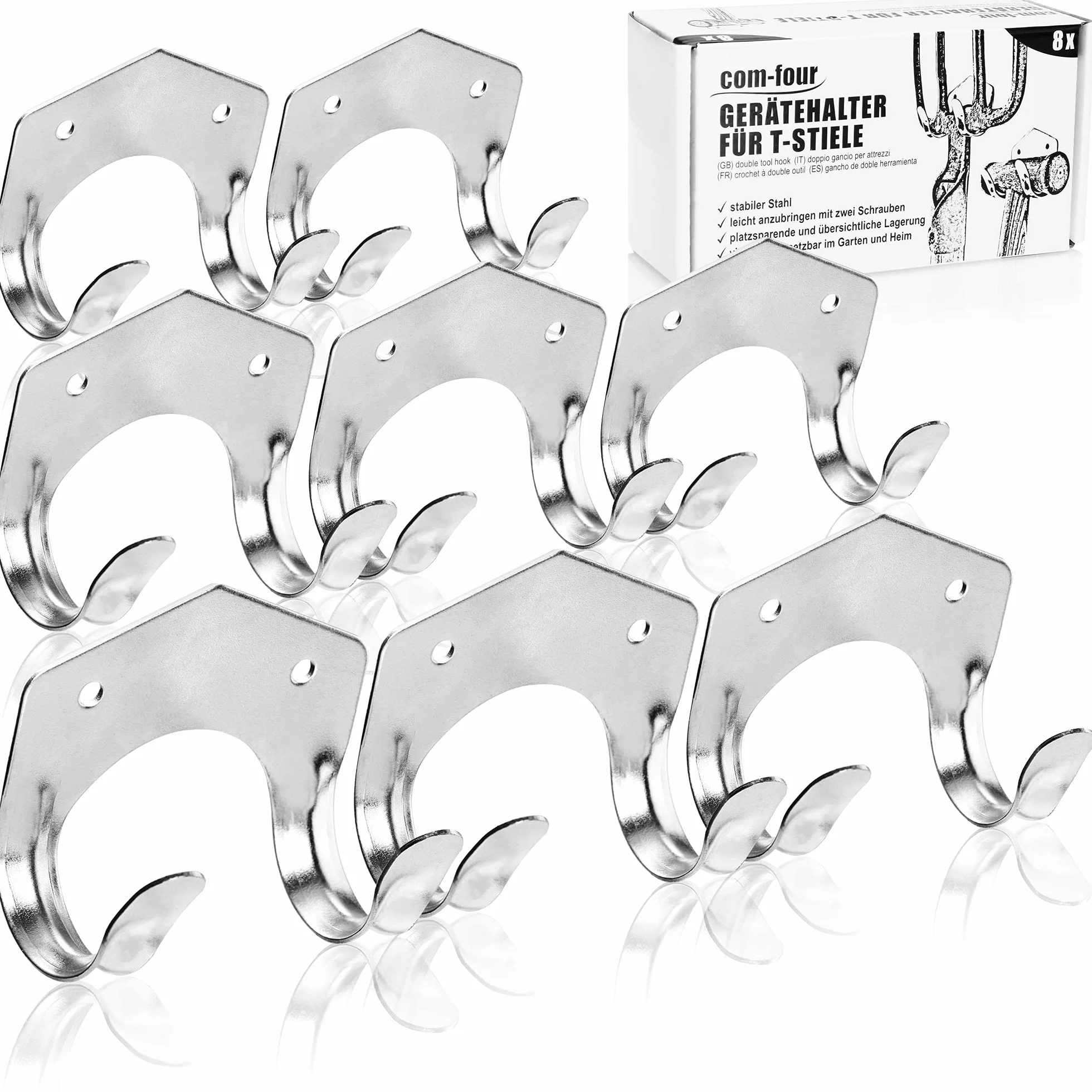 COM-FOUR® 8x Uchwyt na narzedzia wykonany z blachy stalowej o grubosci 1 mm - uchwyt scienny na narzedzia ogrodowe z uchwytem T (Wspornik - 08 sztuk)