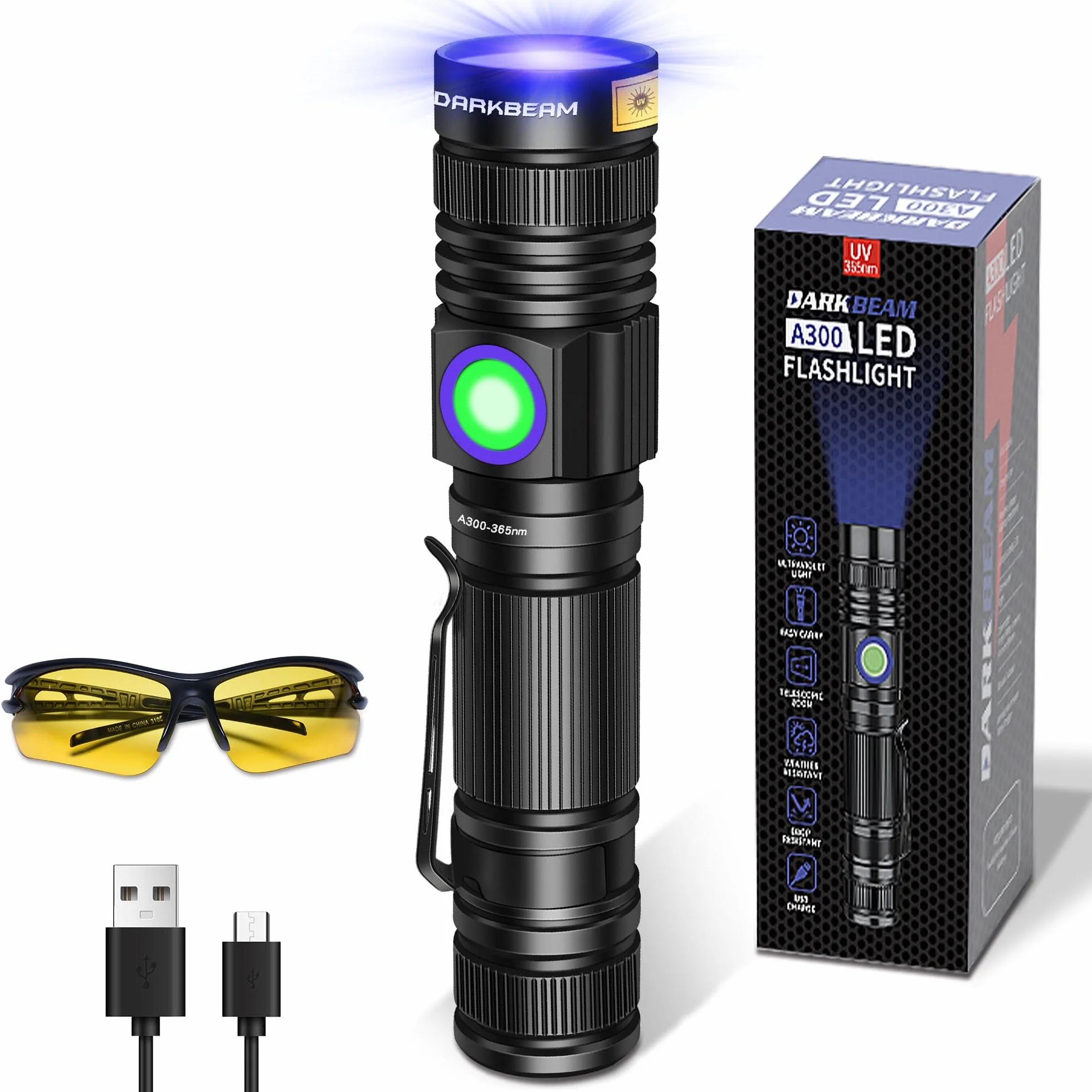 DARKBEAM Latarka UV 365 nm USB Lampa Wooda Czarne Światło Mini LED do utwardzania żywicy z okularami UV