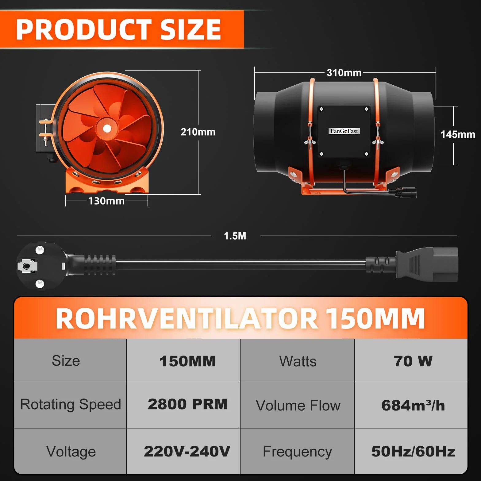 FanGoFast Wentylator rurowy 150 mm, regulowany 684 m³/h, wyciąg dymu, idealny wentylator rurowy z gniazdem IEC, do wentylacji i dmuchawy wyciągowej, 230 V, z wtyczką UE i kablem sieciowym 1,5 m